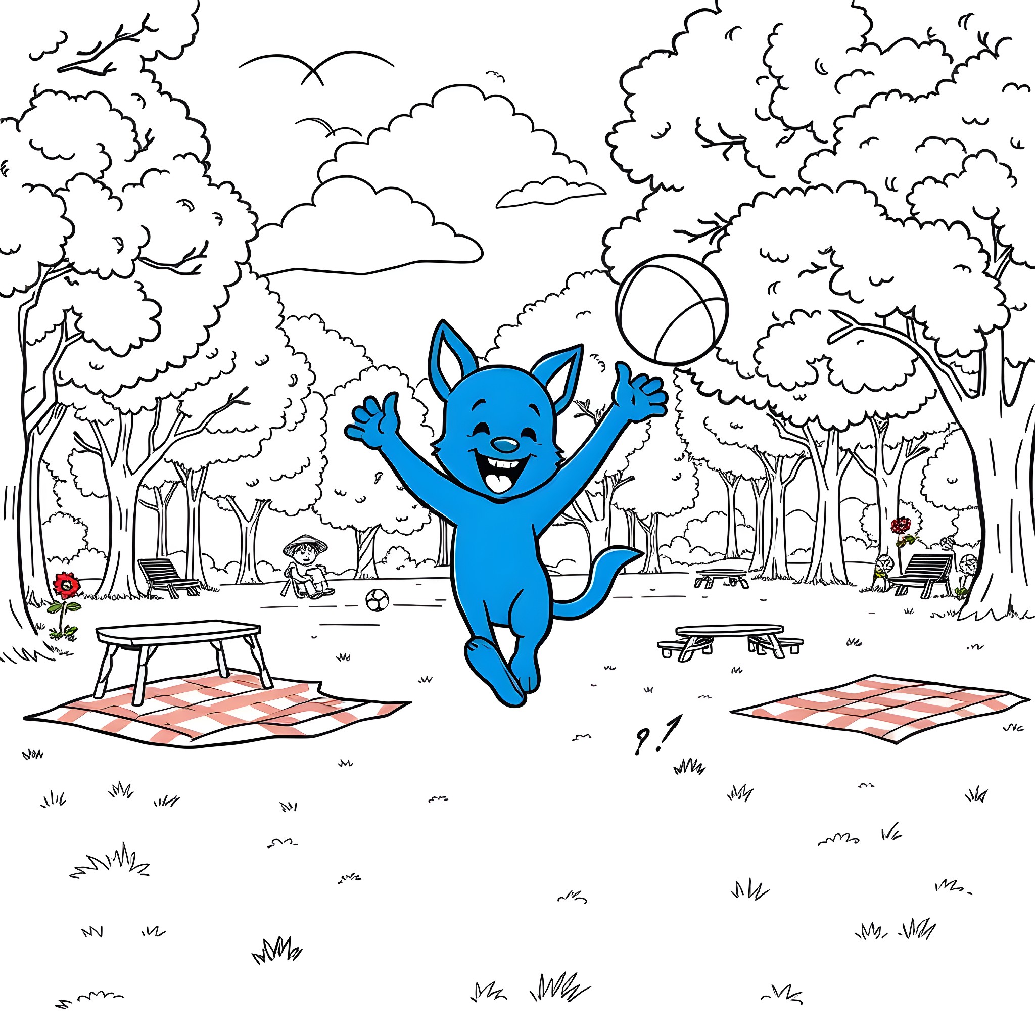 Bluey playing happily in the park with a ball Coloring Page (free black-and-white line drawing printable PDF for all, from beginners to advanced learners, including children, teens, adults, and seniors)