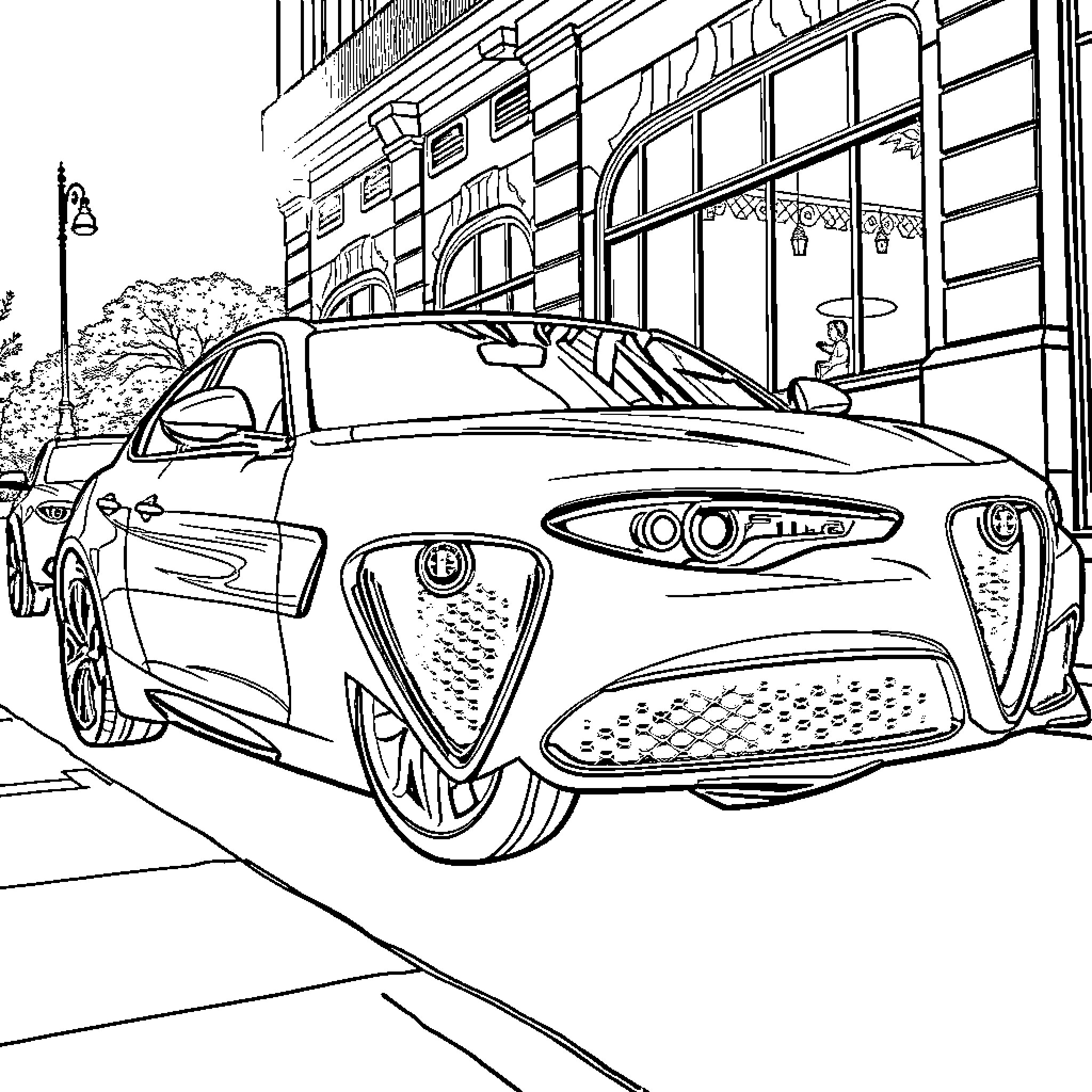 Alfa Romeo sports car in city street Coloring Page (free black-and-white line drawing printable PDF for all, from beginners to advanced learners, including children, teens, adults, and seniors)