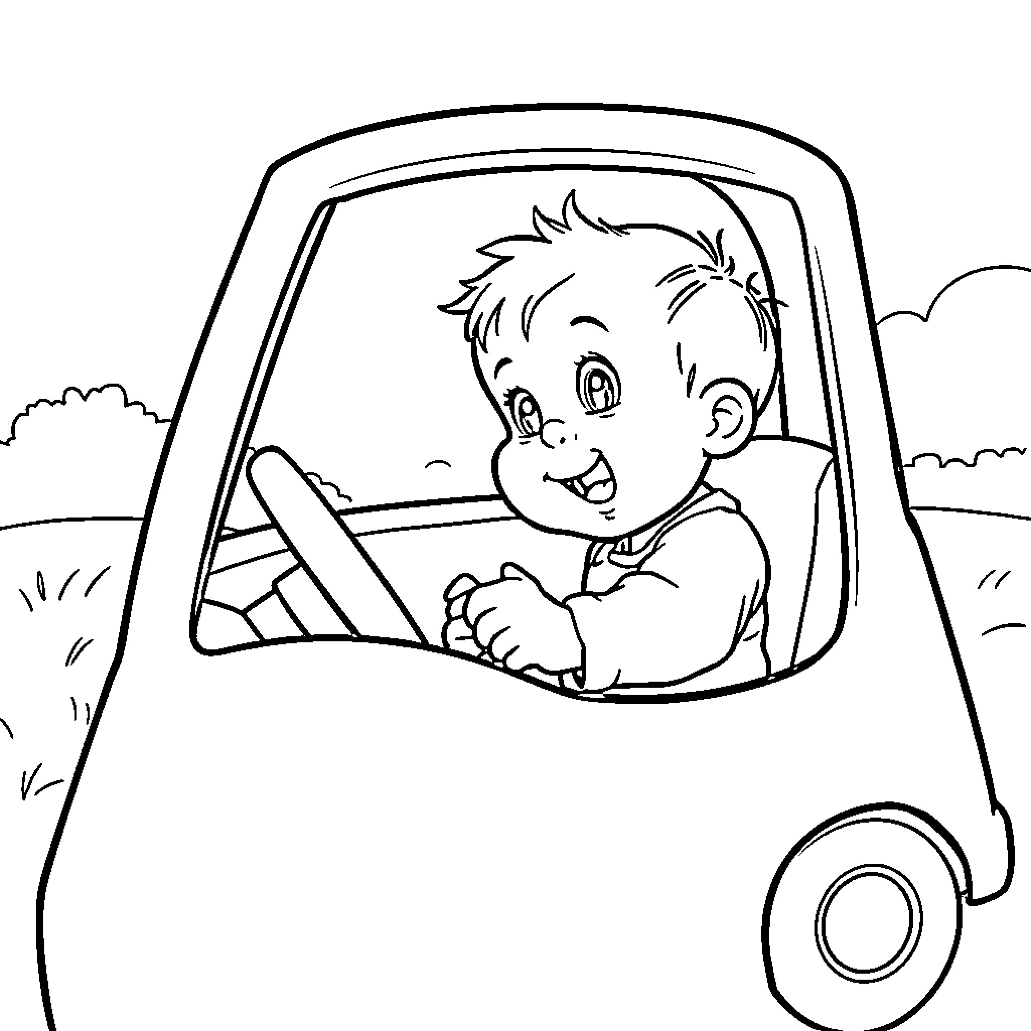 Baby driving a toy car with joy Coloring Page (free black-and-white line drawing printable PDF for all, from beginners to advanced learners, including children, teens, adults, and seniors)