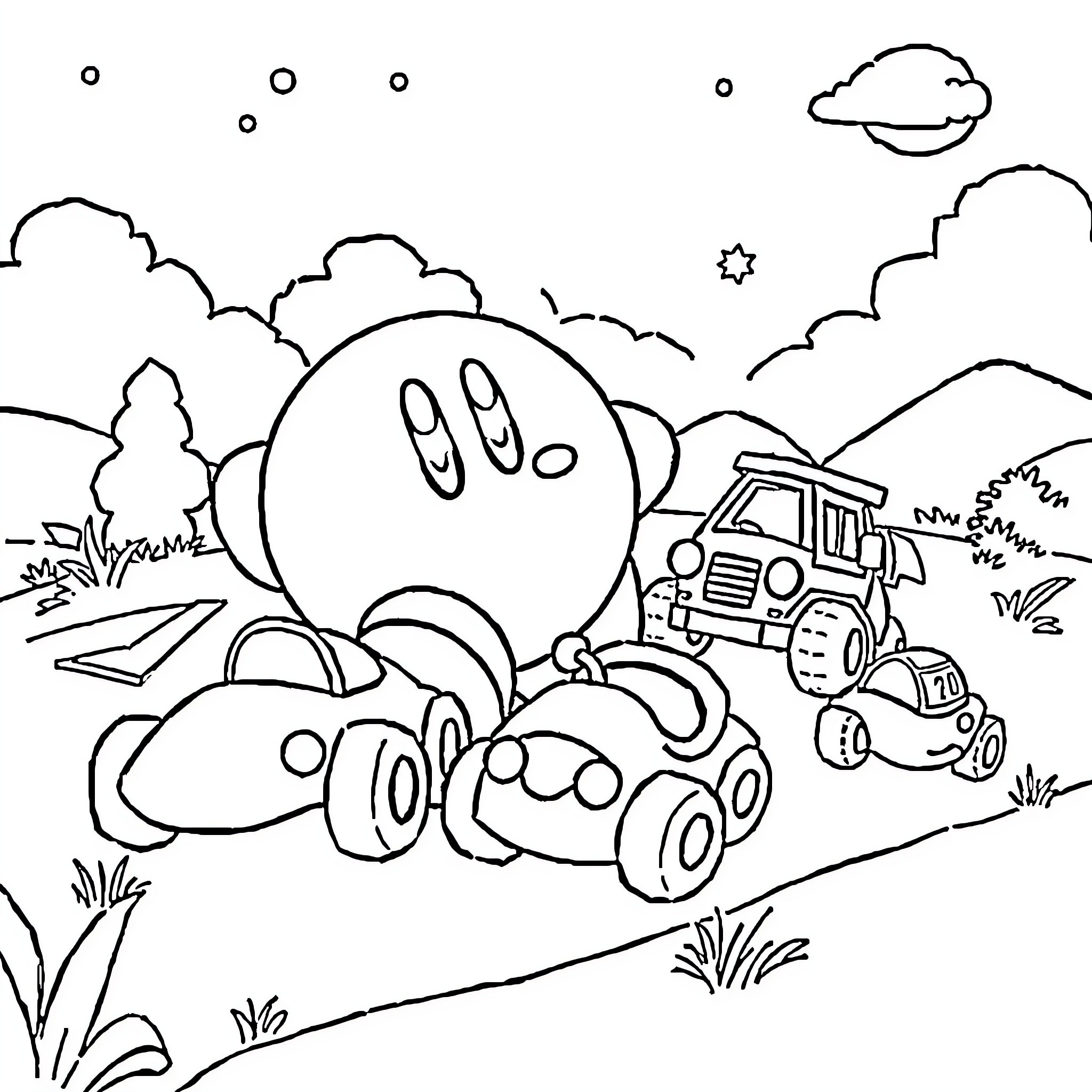Kirby's Outdoor Adventure with Vehicles Coloring Page (free black-and-white line drawing printable PDF for all, from beginners to advanced learners, including children, teens, adults, and seniors)