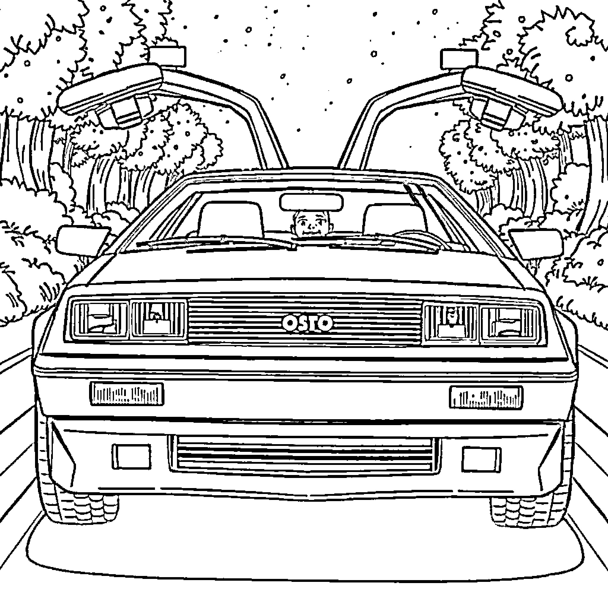 DeLorean time machine in a scenic landscape Coloring Page (free black-and-white line drawing printable PDF for all, from beginners to advanced learners, including children, teens, adults, and seniors)