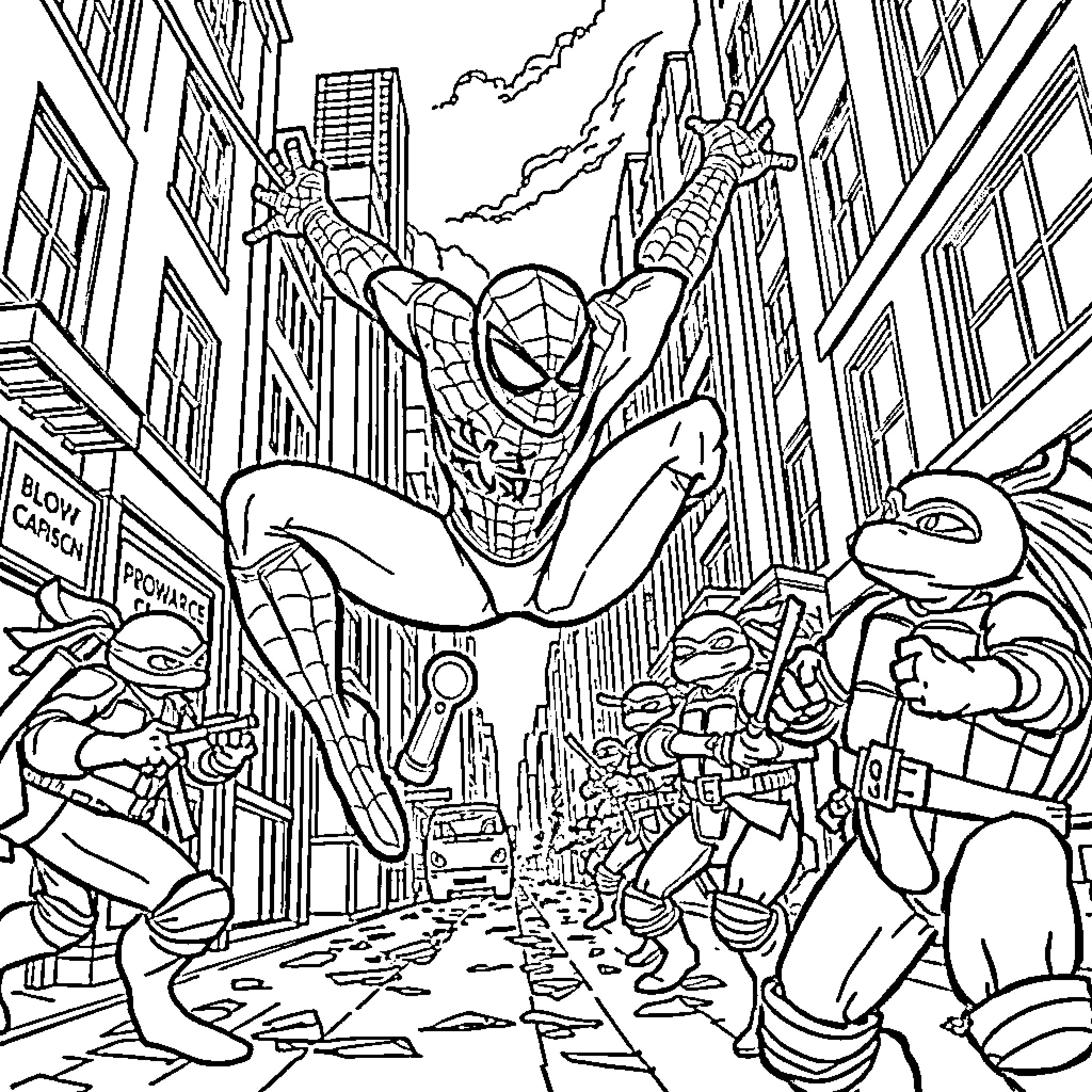 Spiderman swinging through the bustling city streets Coloring Page (free black-and-white line drawing printable PDF for all, from beginners to advanced learners, including children, teens, adults, and seniors)