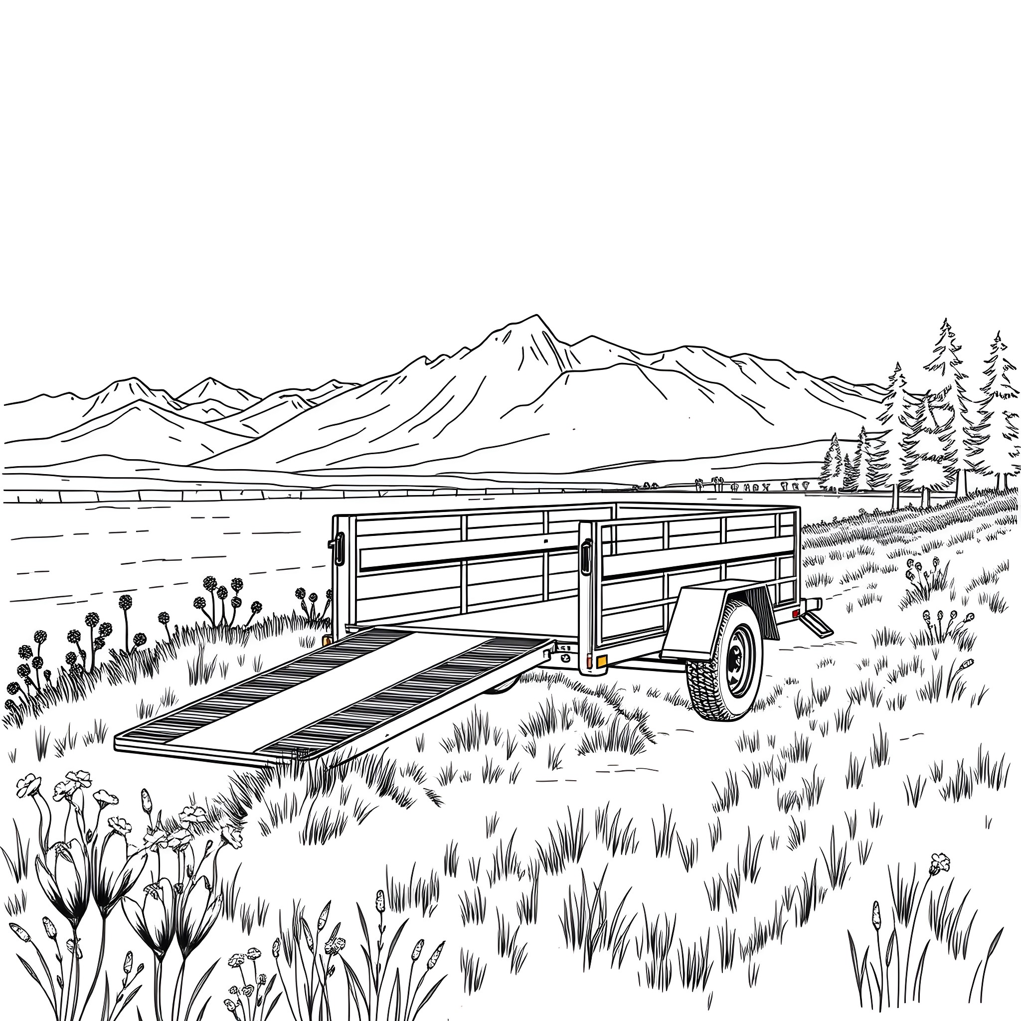 Car Trailer in Mountain Landscape Coloring Page (free black-and-white line drawing printable PDF for all, from beginners to advanced learners, including children, teens, adults, and seniors)