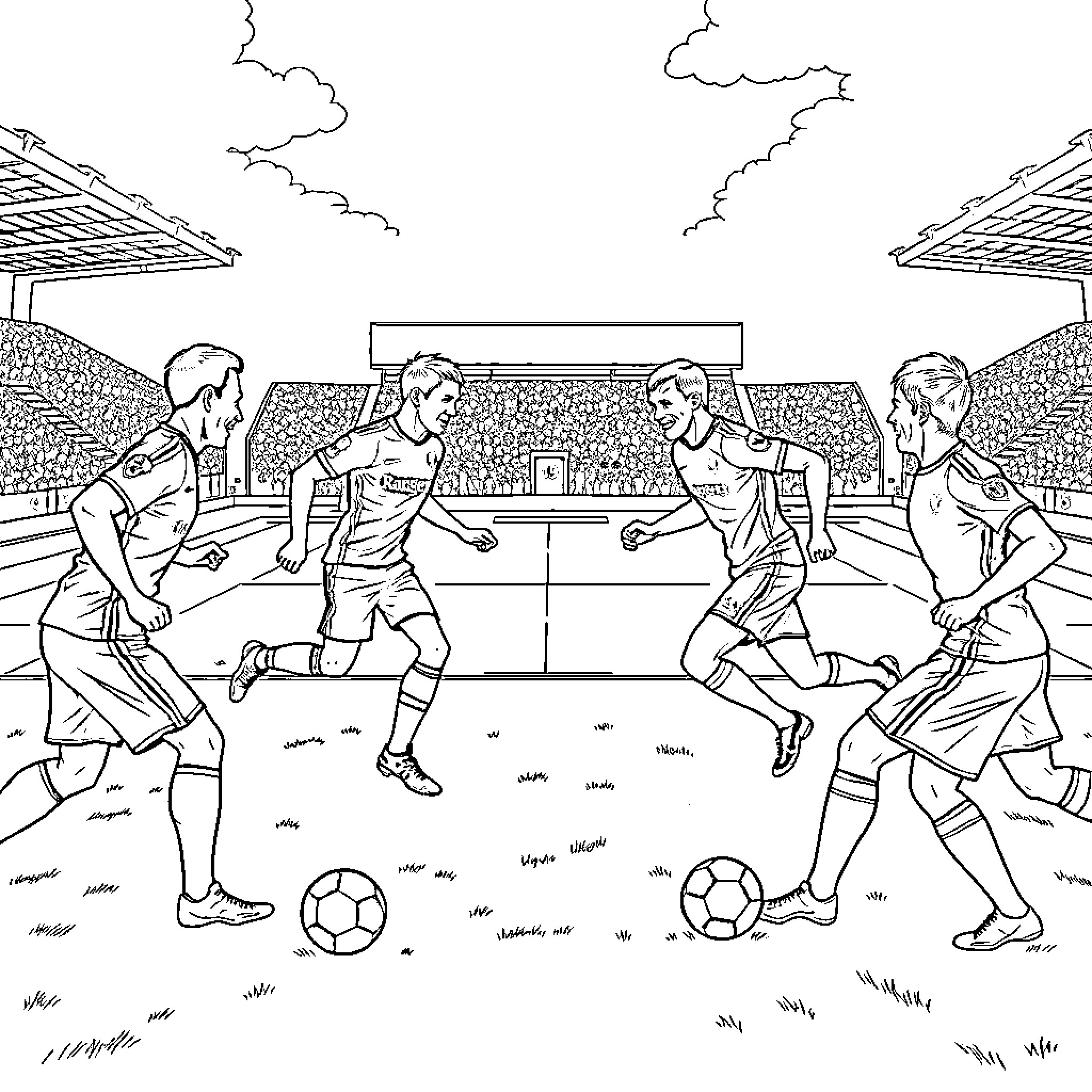 Football players in action on the field Coloring Page (free black-and-white line drawing printable PDF for all, from beginners to advanced learners, including children, teens, adults, and seniors)