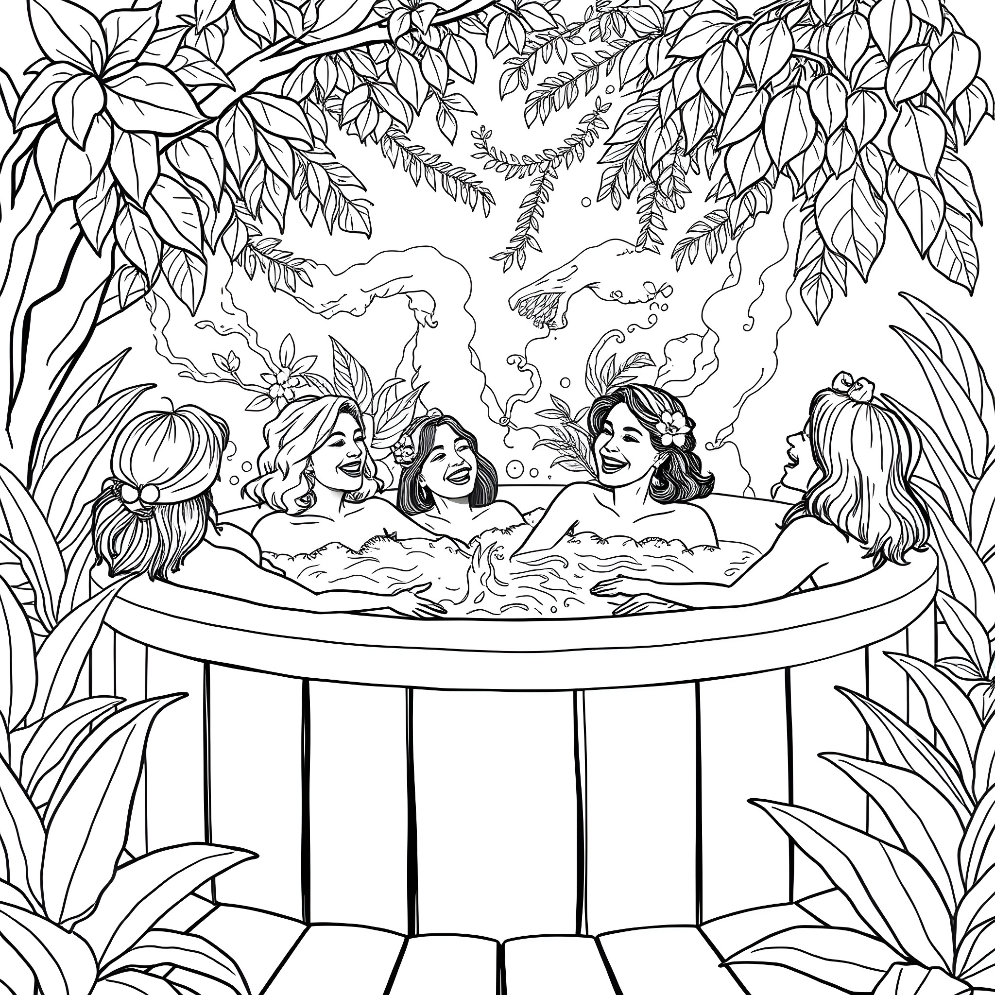 Women enjoying outdoor hot tub in lush garden Coloring Page (free black-and-white line drawing printable PDF for all, from beginners to advanced learners, including children, teens, adults, and seniors)