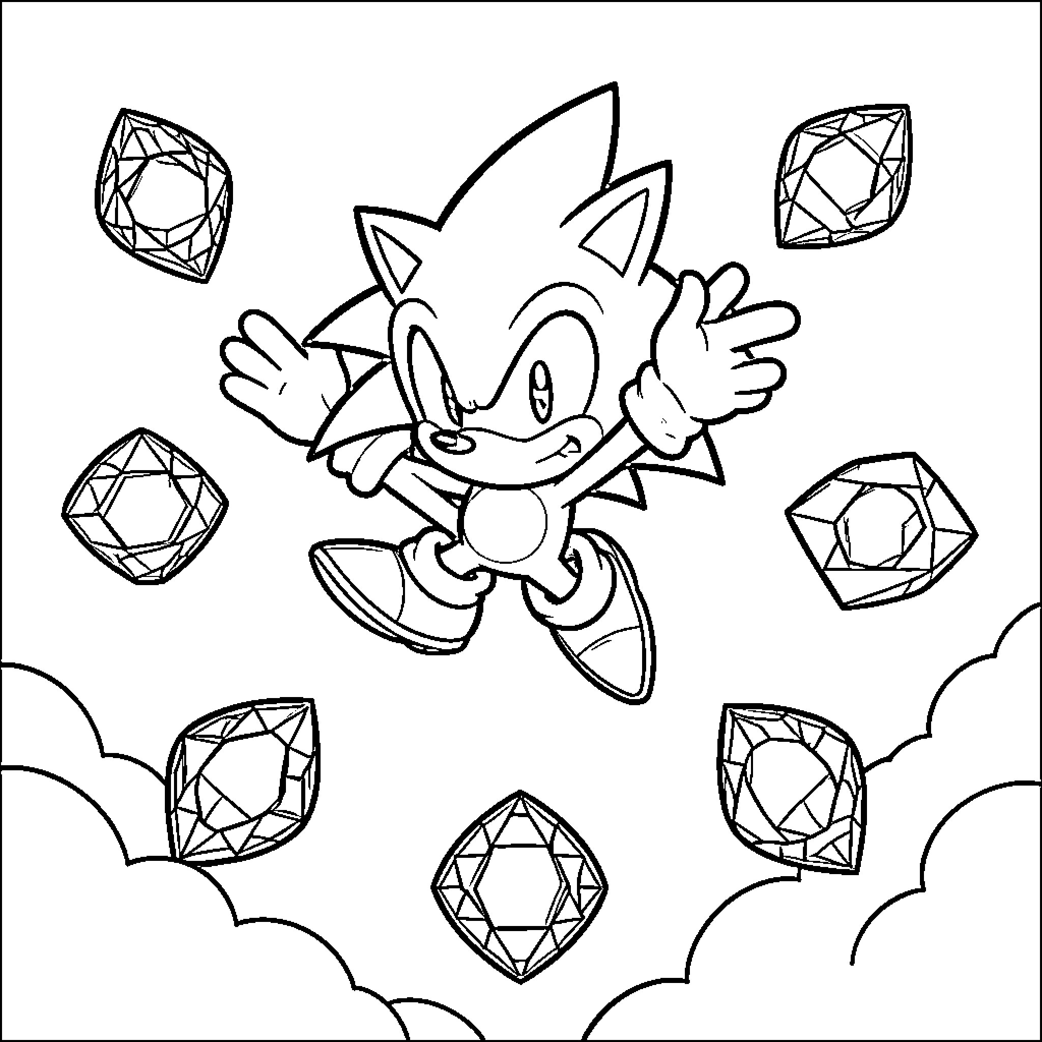 Sonic jumping excitedly amidst floating gemstones Coloring Page (free black-and-white line drawing printable PDF for all, from beginners to advanced learners, including children, teens, adults, and seniors)