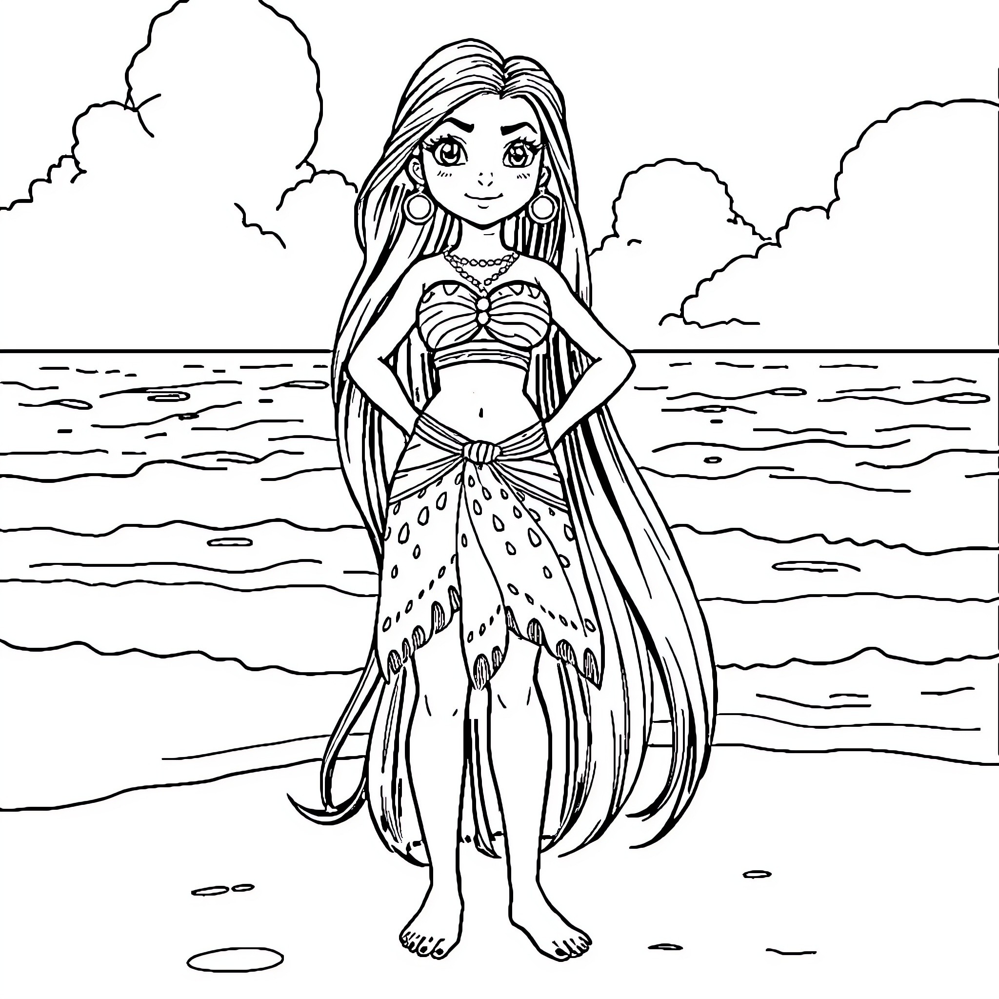 Vaiana exploring the ocean with a confident pose Coloring Page (free black-and-white line drawing printable PDF for all, from beginners to advanced learners, including children, teens, adults, and seniors)