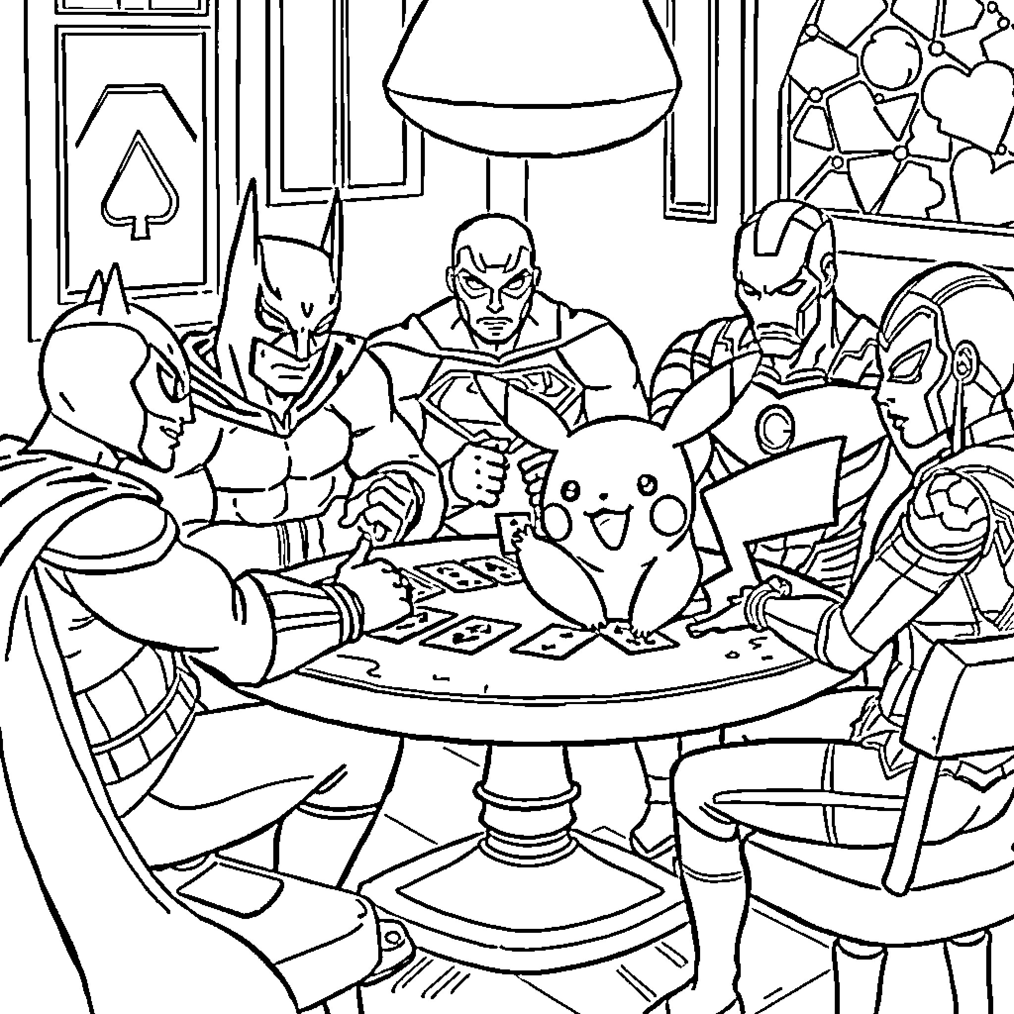 Pikachu playing cards with superheroes Coloring Page (free black-and-white line drawing printable PDF for all, from beginners to advanced learners, including children, teens, adults, and seniors)