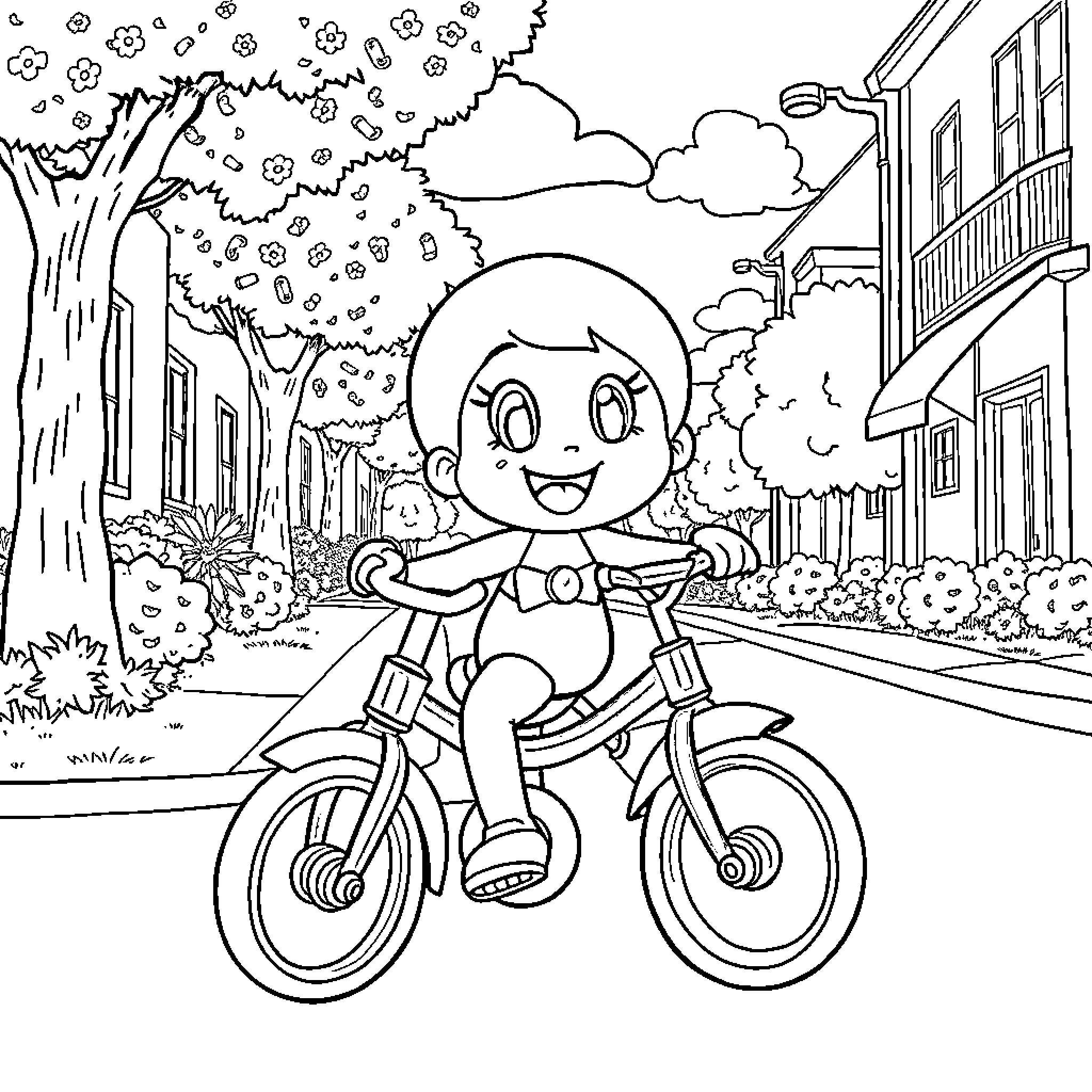 Blooey's Bicycle Adventure in the Town Coloring Page (free black-and-white line drawing printable PDF for all, from beginners to advanced learners, including children, teens, adults, and seniors)