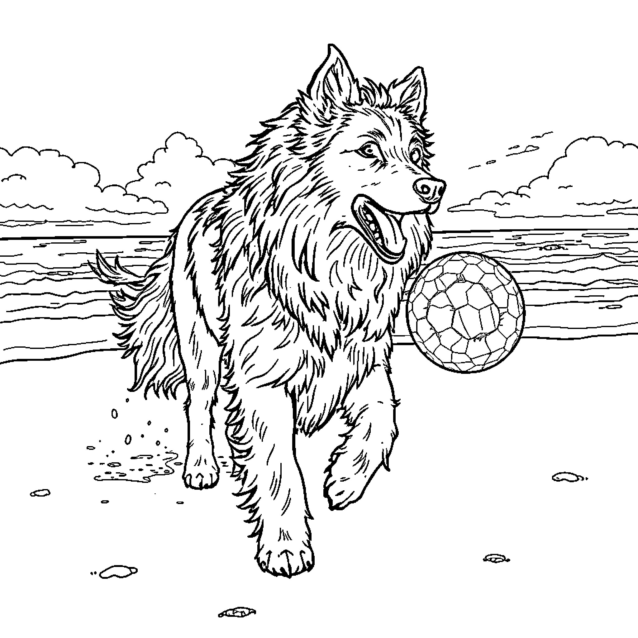 Dog playing happily with ball on beach Coloring Page (free black-and-white line drawing printable PDF for all, from beginners to advanced learners, including children, teens, adults, and seniors)