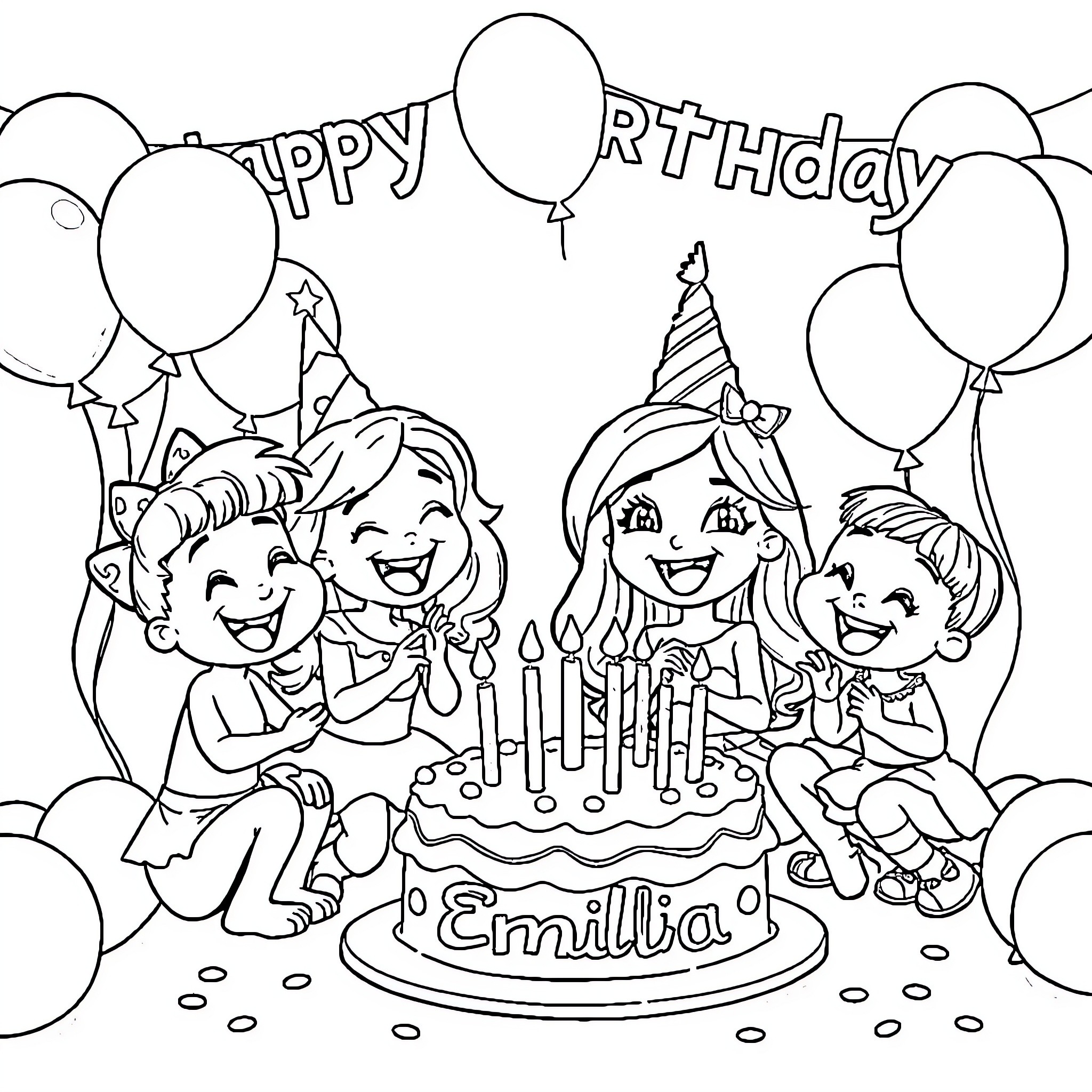 Bluey's Joyful Birthday Celebration Coloring Page (free black-and-white line drawing printable PDF for all, from beginners to advanced learners, including children, teens, adults, and seniors)