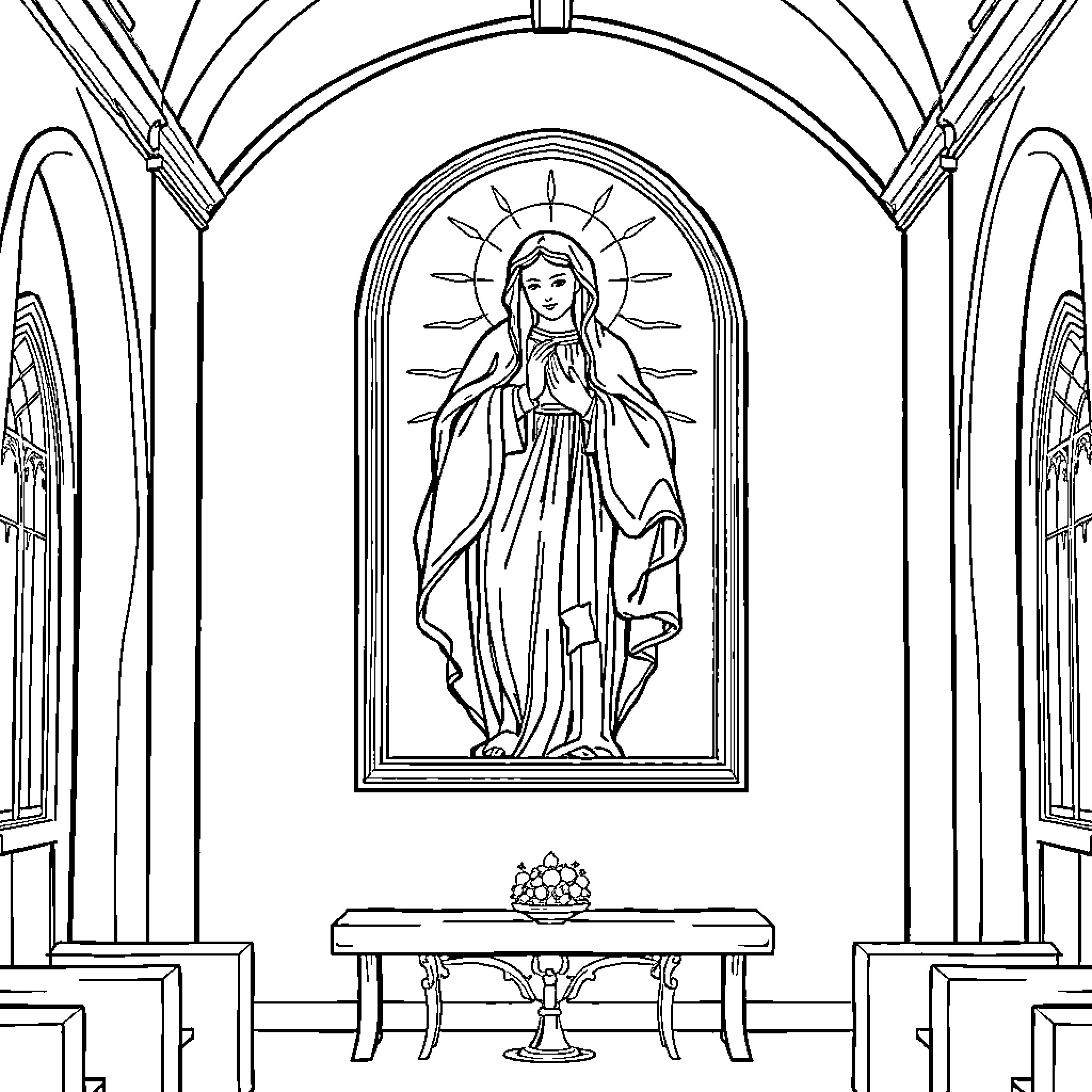 Mater Admirabilis: Blessed Virgin Mary in church interior Coloring Page (free black-and-white line drawing printable PDF for all, from beginners to advanced learners, including children, teens, adults, and seniors)