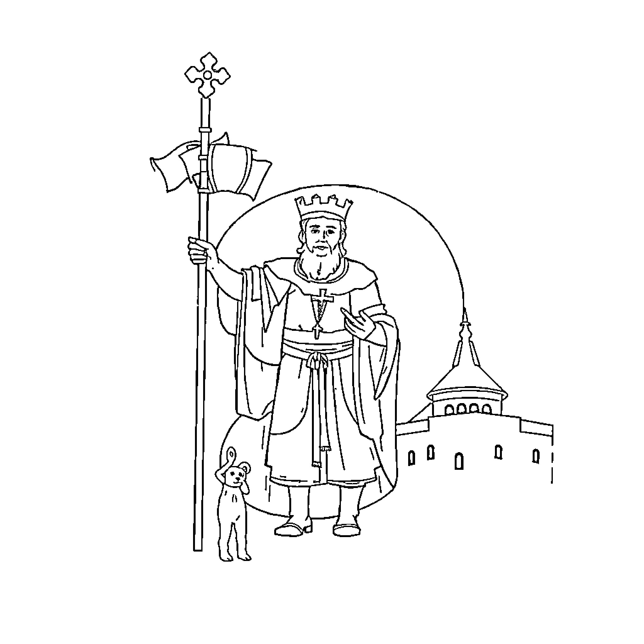 Jaume I in regal attire with cross and castle Coloring Page (free black-and-white line drawing printable PDF for all, from beginners to advanced learners, including children, teens, adults, and seniors)