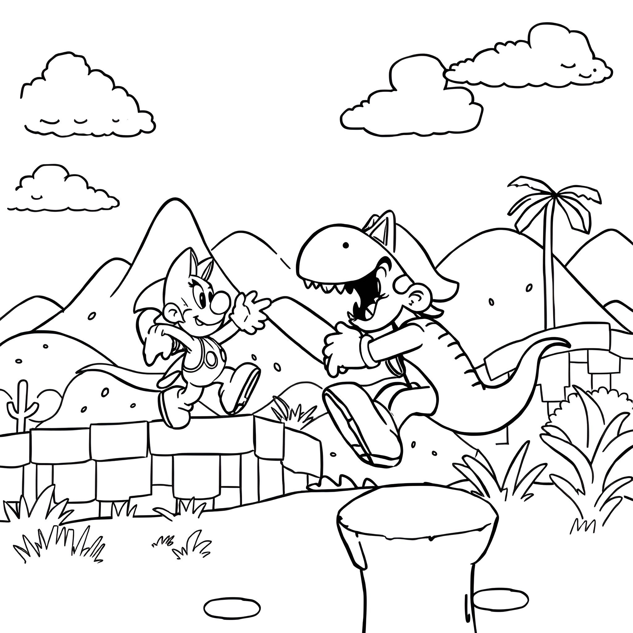 Mario and Dinosaur Exploring the Tropical Landscape Coloring Page (free black-and-white line drawing printable PDF for all, from beginners to advanced learners, including children, teens, adults, and seniors)