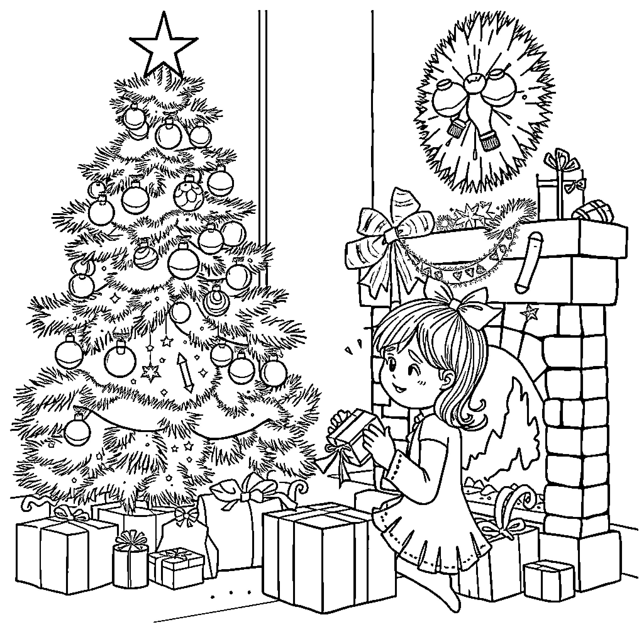Christmas Tree with Decorations and Child Unwrapping Gifts Coloring Page (free black-and-white line drawing printable PDF for all, from beginners to advanced learners, including children, teens, adults, and seniors)