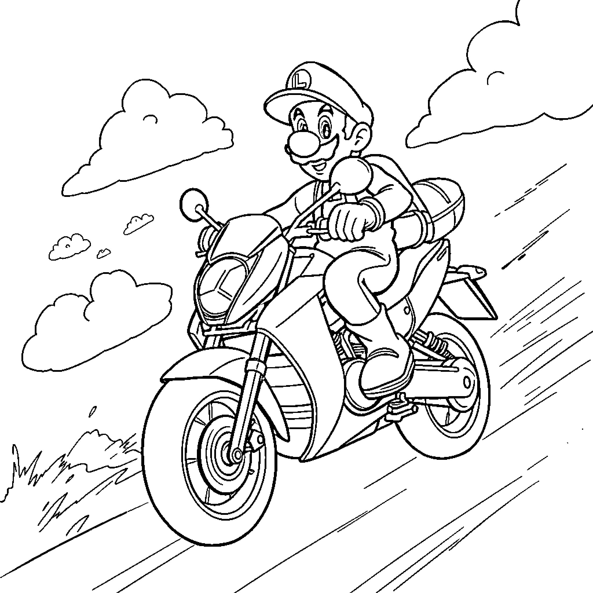 Luigi riding a motorcycle on the road Coloring Page (free black-and-white line drawing printable PDF for all, from beginners to advanced learners, including children, teens, adults, and seniors)