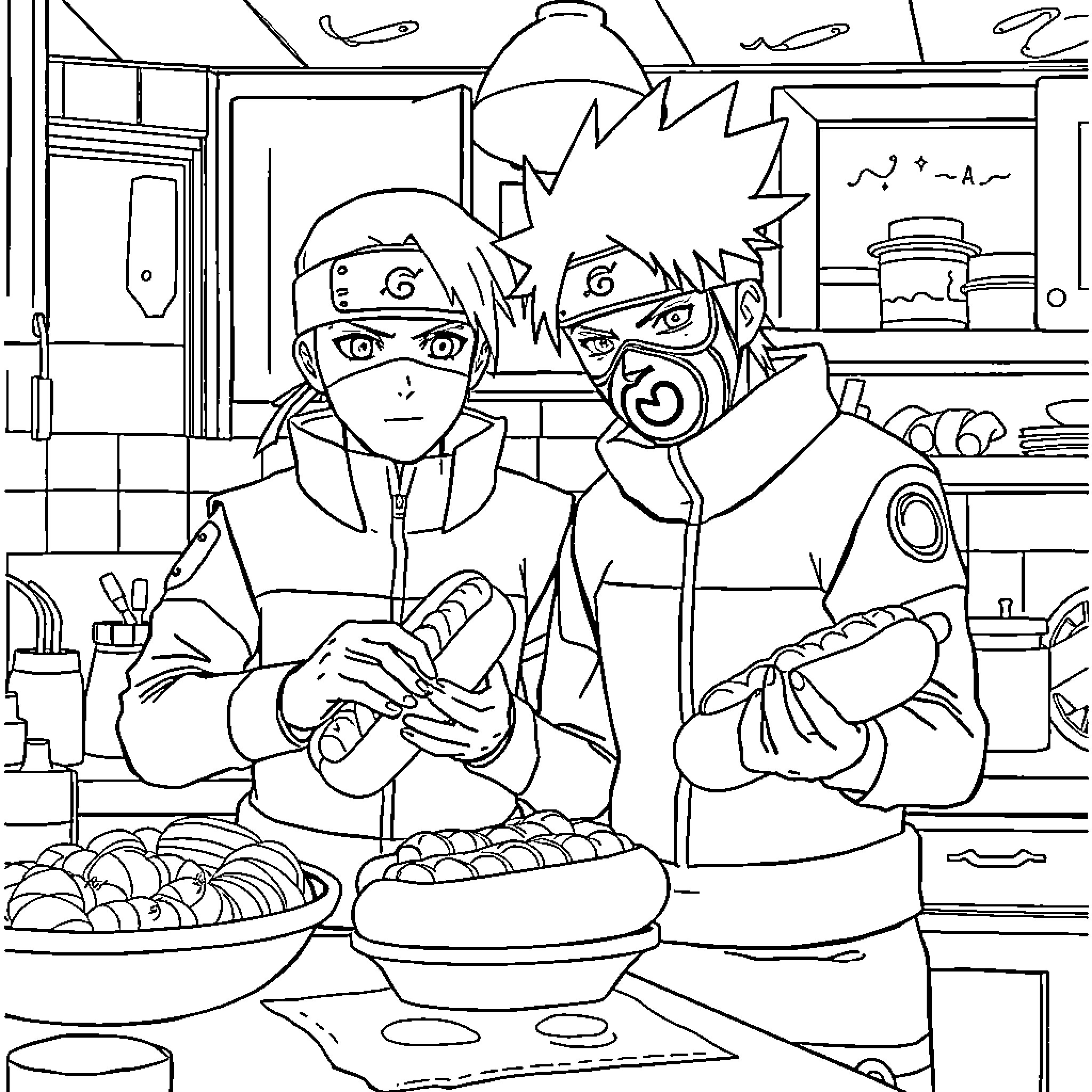 Kakashi and Naruto enjoying a meal together Coloring Page (free black-and-white line drawing printable PDF for all, from beginners to advanced learners, including children, teens, adults, and seniors)