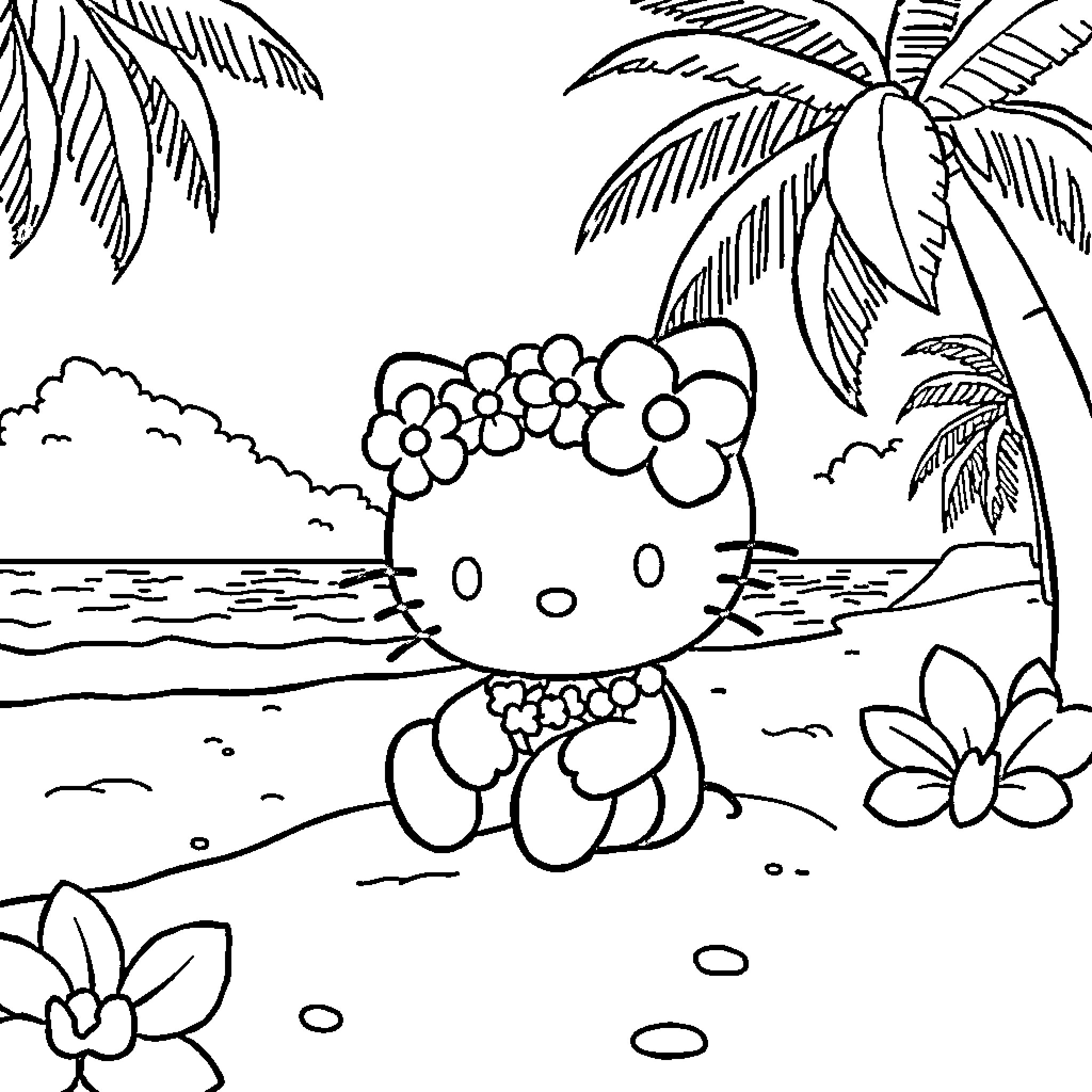Hello Kitty Enjoys a Tropical Vacation Coloring Page (free black-and-white line drawing printable PDF for all, from beginners to advanced learners, including children, teens, adults, and seniors)