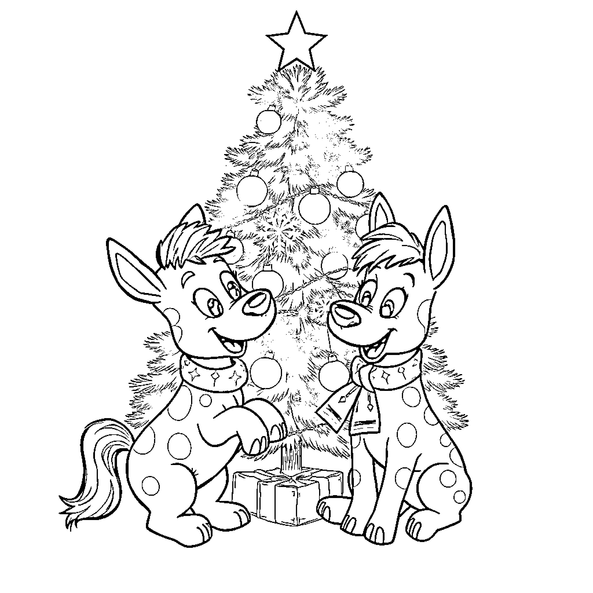 Heeler Companions Celebrate Festive Tree Coloring Page (free black-and-white line drawing printable PDF for all, from beginners to advanced learners, including children, teens, adults, and seniors)