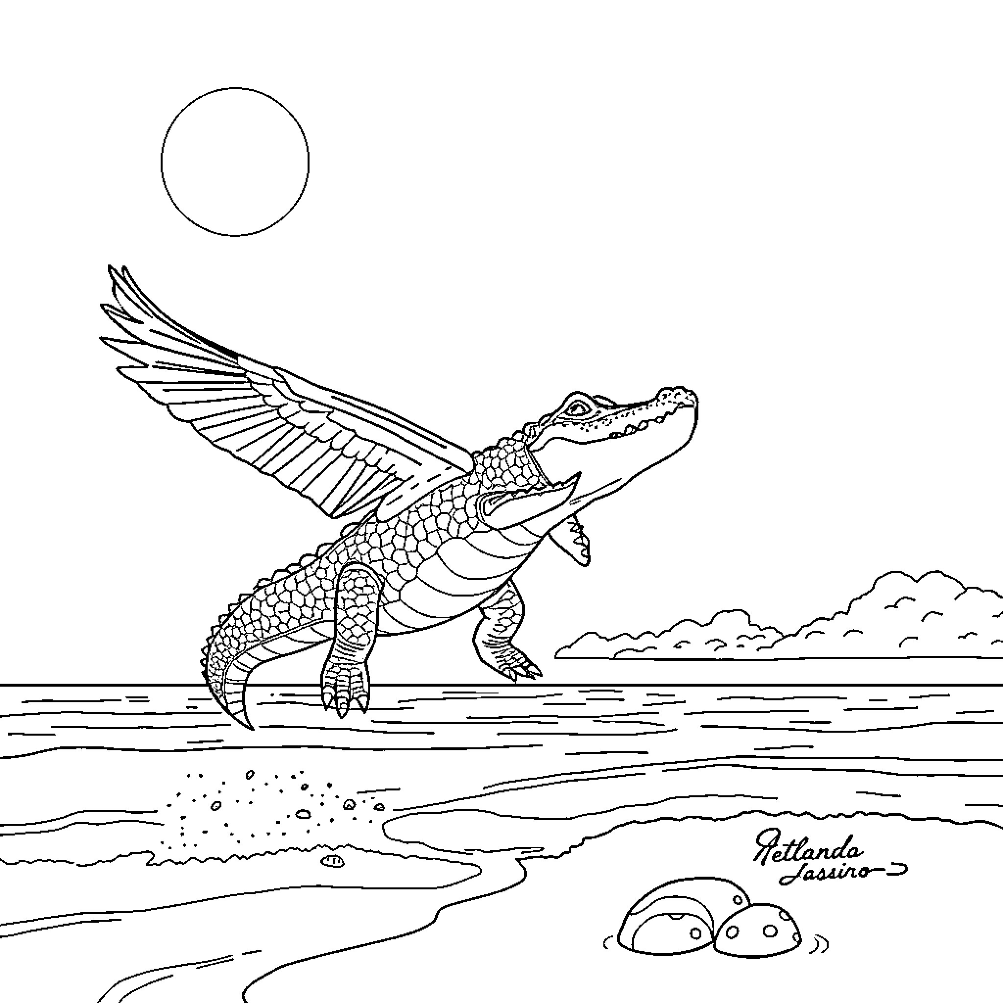 Crocodile taking flight over tranquil waters Coloring Page (free black-and-white line drawing printable PDF for all, from beginners to advanced learners, including children, teens, adults, and seniors)