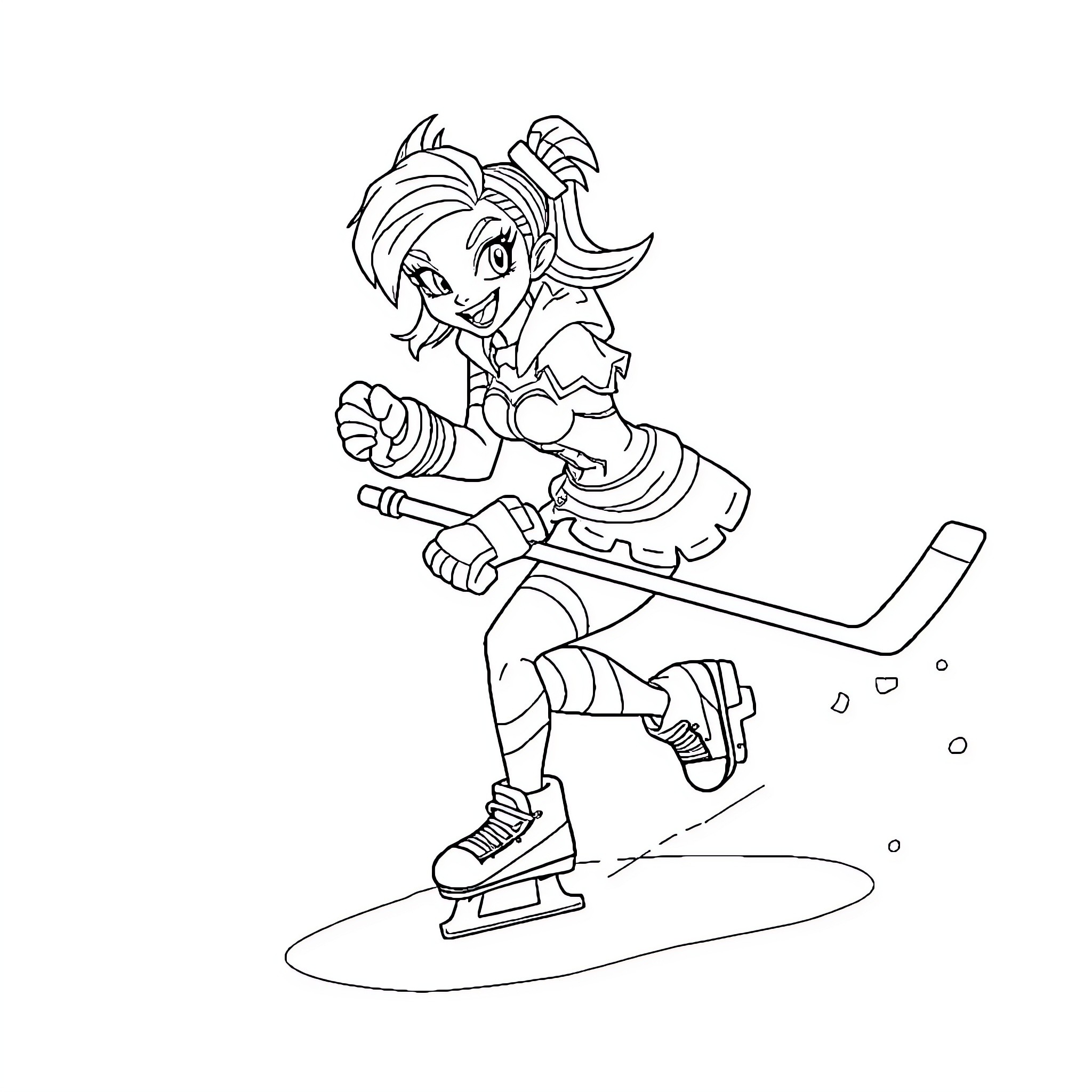 Jinx enjoying ice skating and winter sports Coloring Page (free black-and-white line drawing printable PDF for all, from beginners to advanced learners, including children, teens, adults, and seniors)