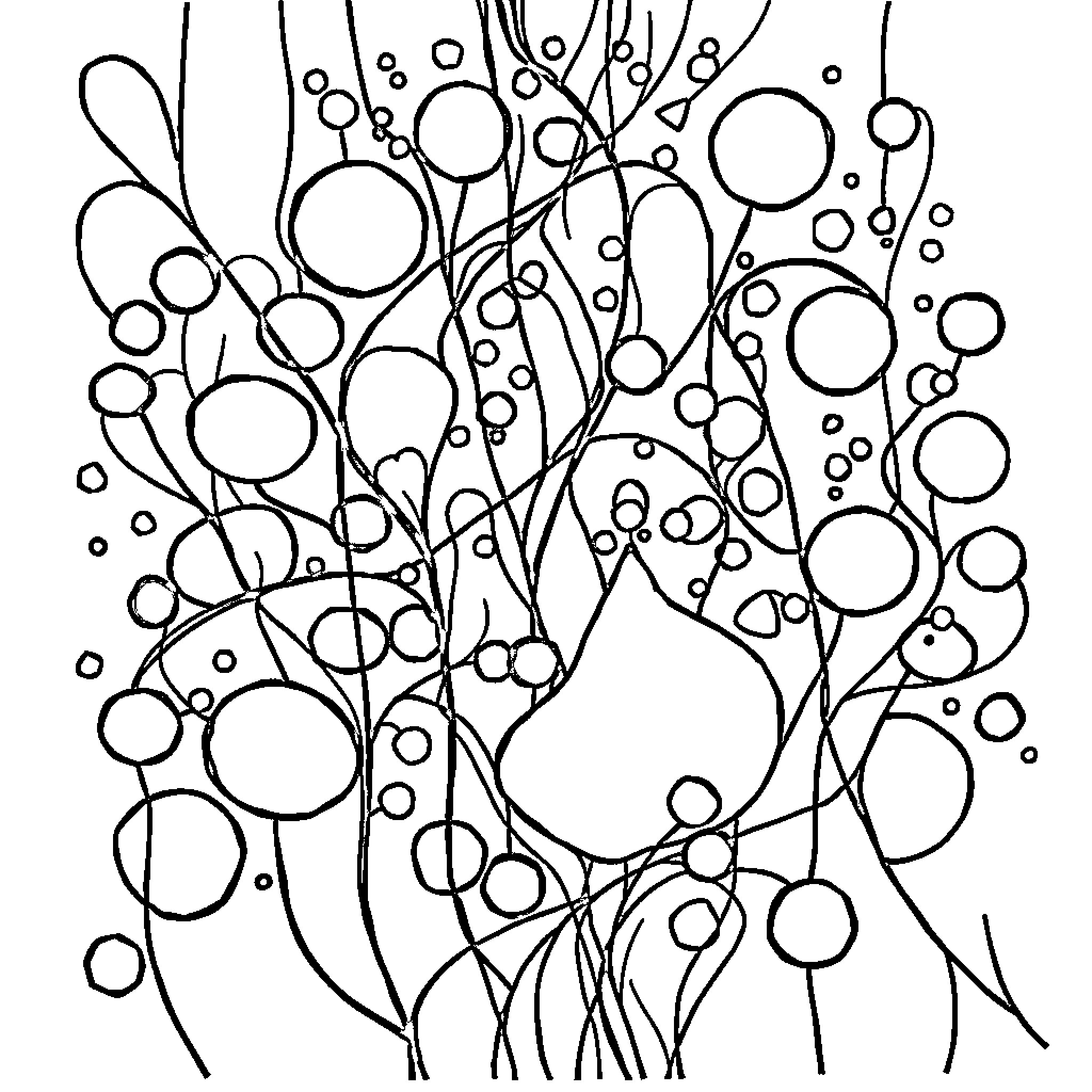 Abstract Whimsical Shapes and Patterns Coloring Page (free black-and-white line drawing printable PDF for all, from beginners to advanced learners, including children, teens, adults, and seniors)