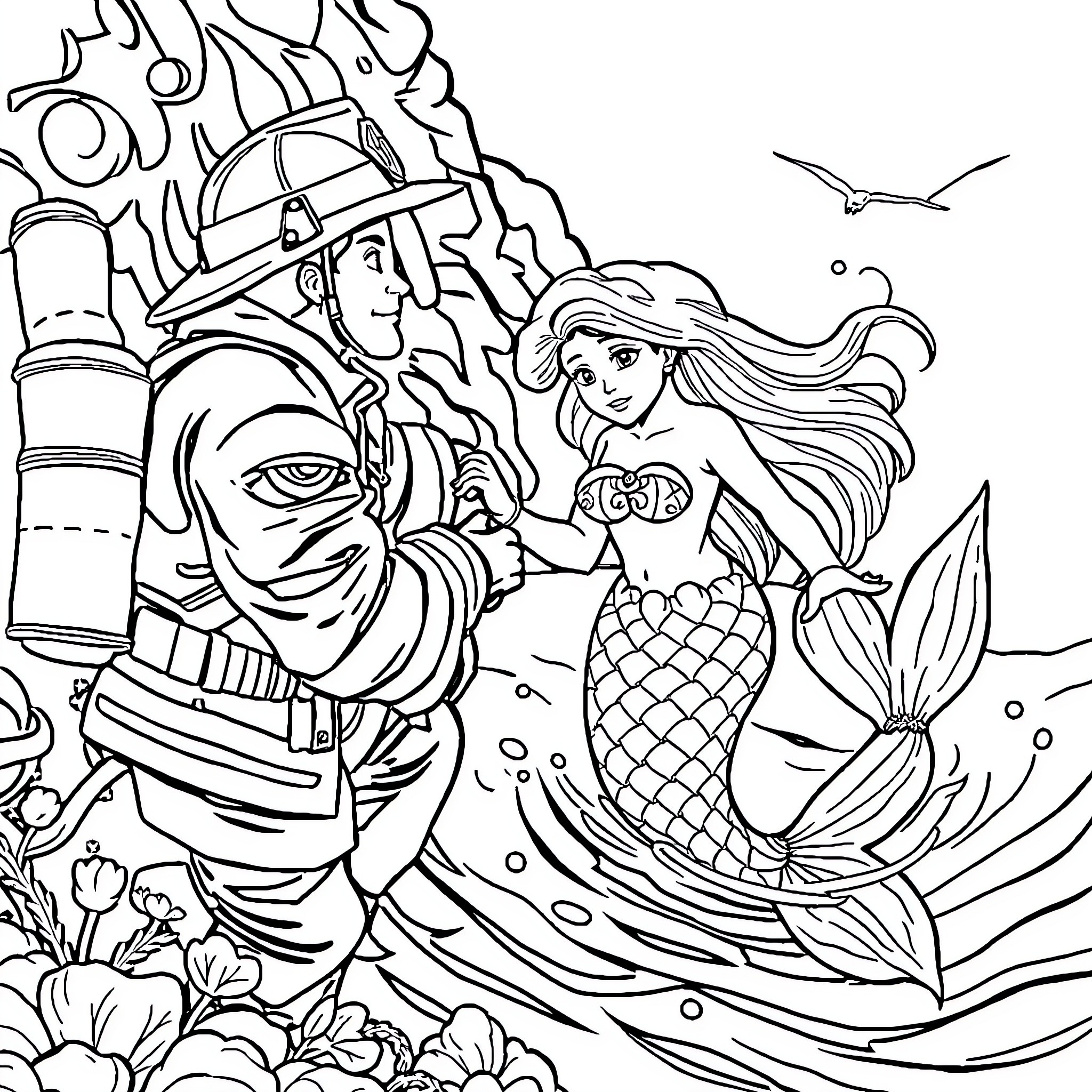 Firefighter rescues mermaid from underwater fire hazard Coloring Page (free black-and-white line drawing printable PDF for all, from beginners to advanced learners, including children, teens, adults, and seniors)