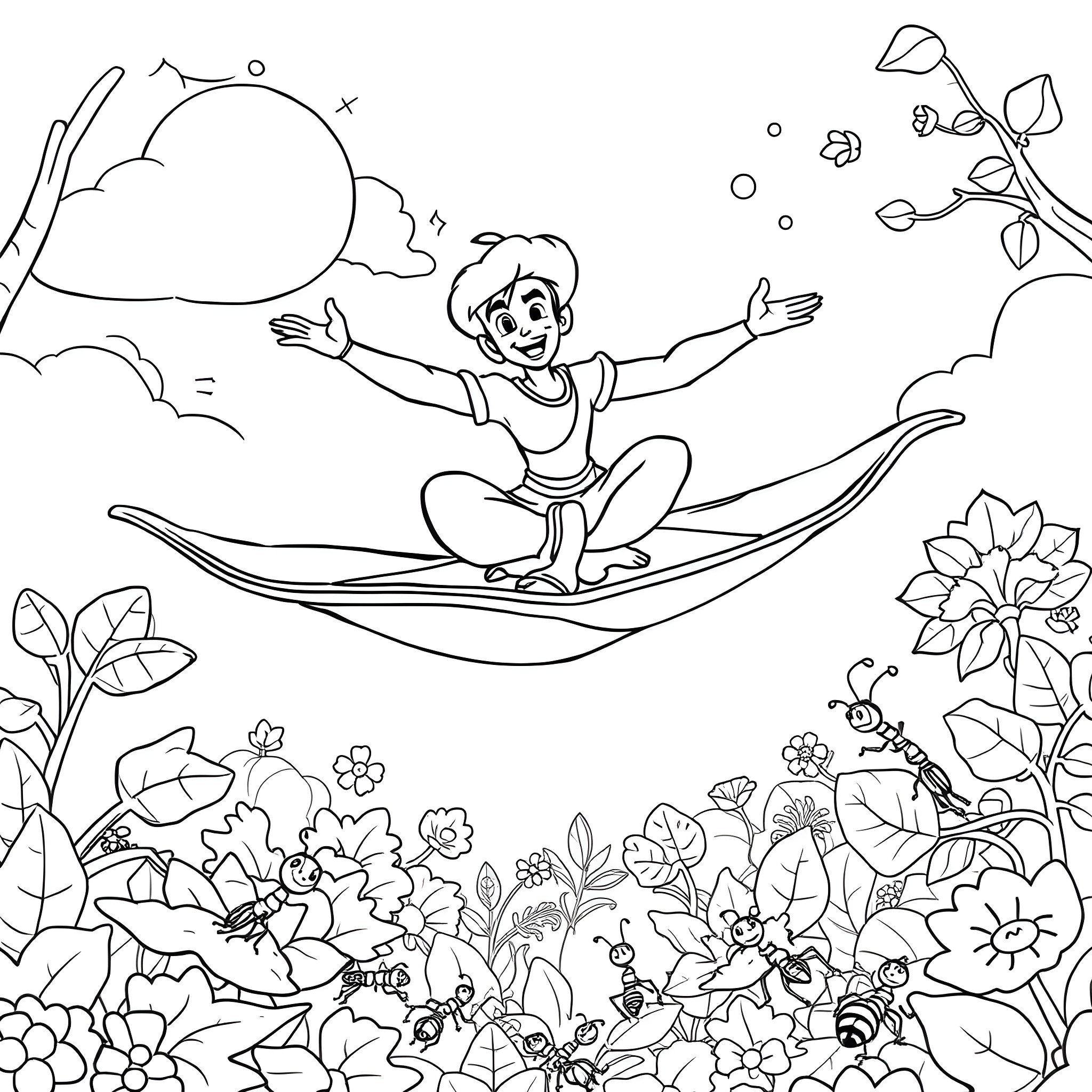 Aladdin happily riding a magic carpet in a lush garden Coloring Page (free black-and-white line drawing printable PDF for all, from beginners to advanced learners, including children, teens, adults, and seniors)