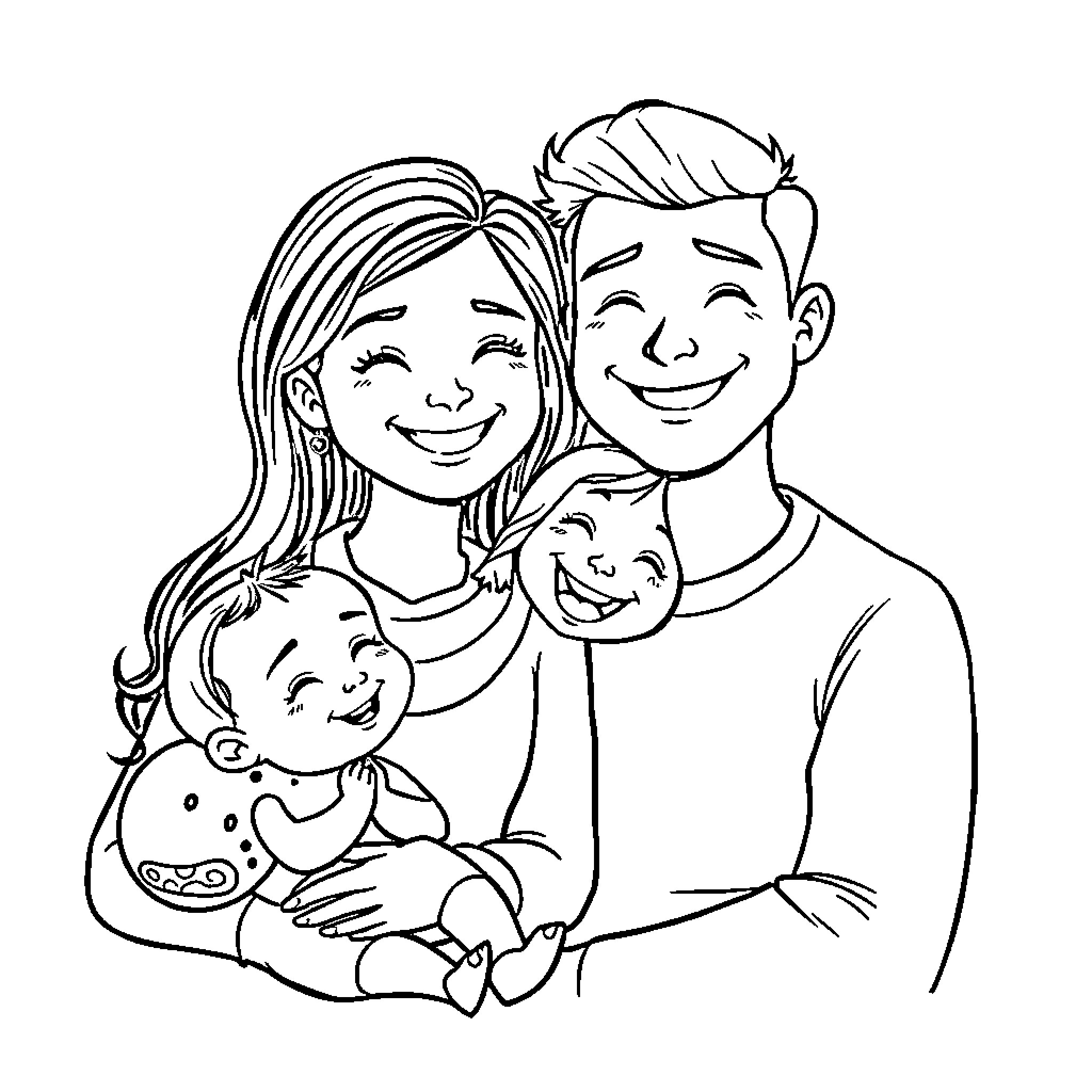 Family Enjoying Happy Moments Together Coloring Page (free black-and-white line drawing printable PDF for all, from beginners to advanced learners, including children, teens, adults, and seniors)
