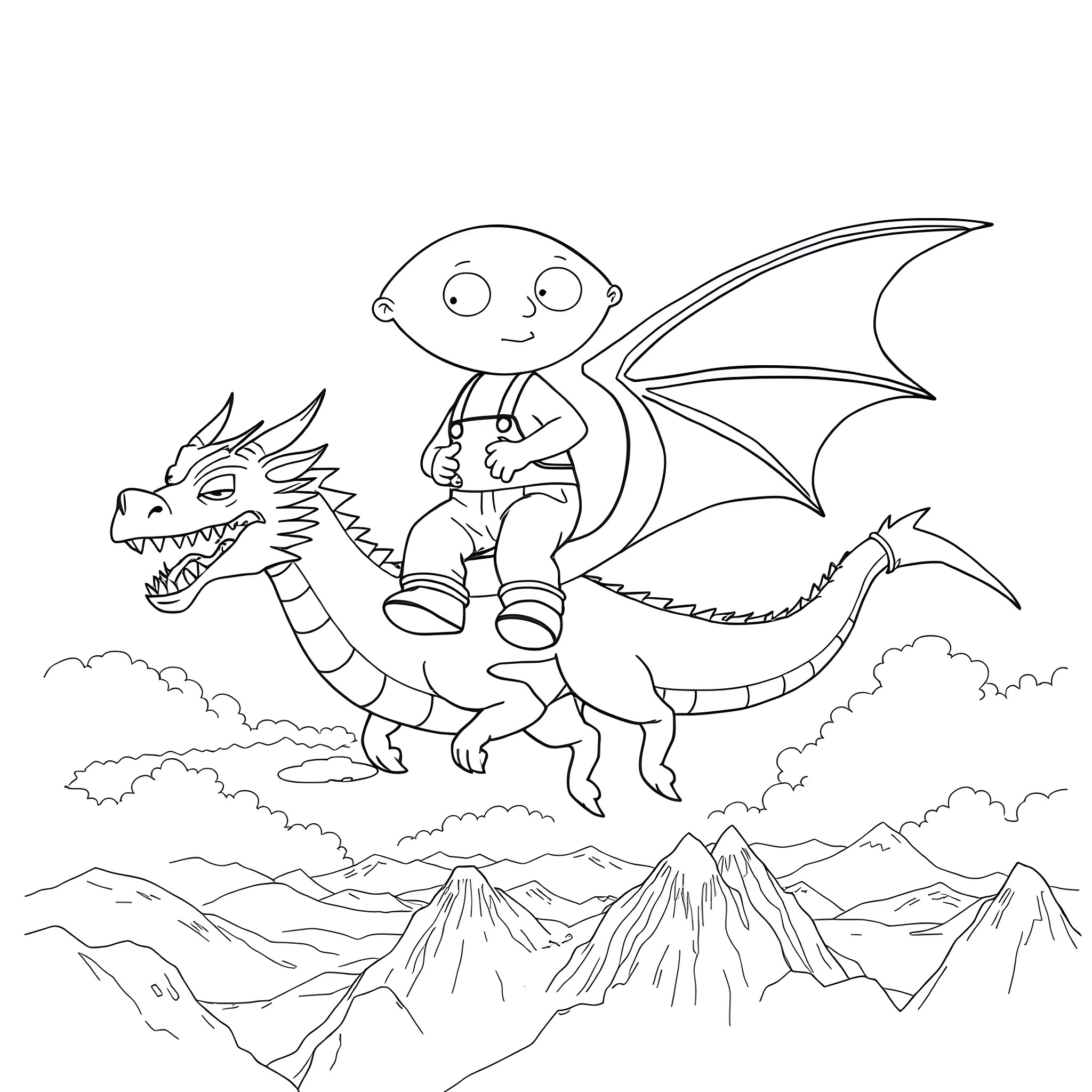 Stewie Griffin riding a dragon over mountains Coloring Page (free black-and-white line drawing printable PDF for all, from beginners to advanced learners, including children, teens, adults, and seniors)