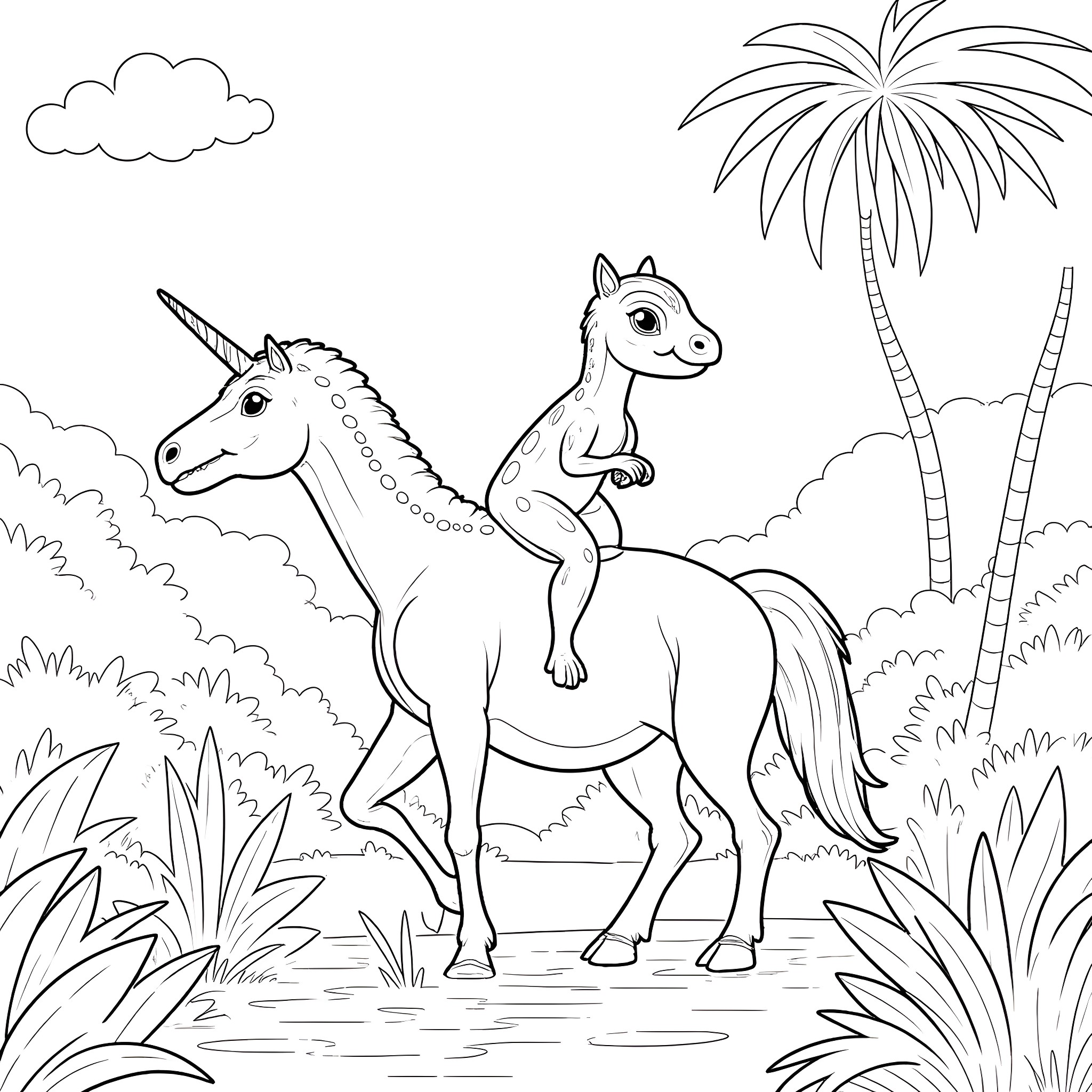 Tyrannosaurus and friendly unicorn in tropical paradise Coloring Page (free black-and-white line drawing printable PDF for all, from beginners to advanced learners, including children, teens, adults, and seniors)