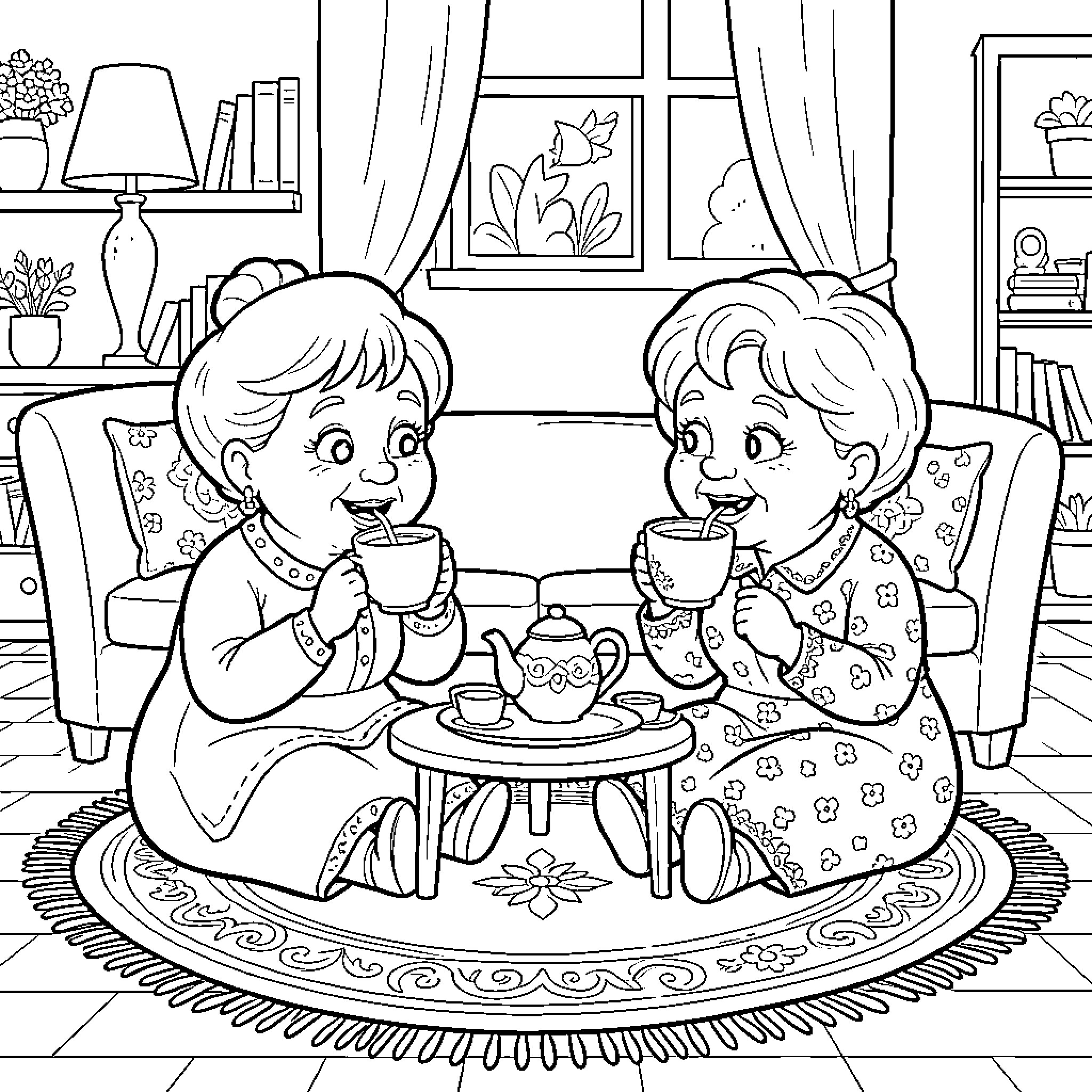 Bluey and Bingo Enjoying Tea Time at Home Coloring Page (free black-and-white line drawing printable PDF for all, from beginners to advanced learners, including children, teens, adults, and seniors)