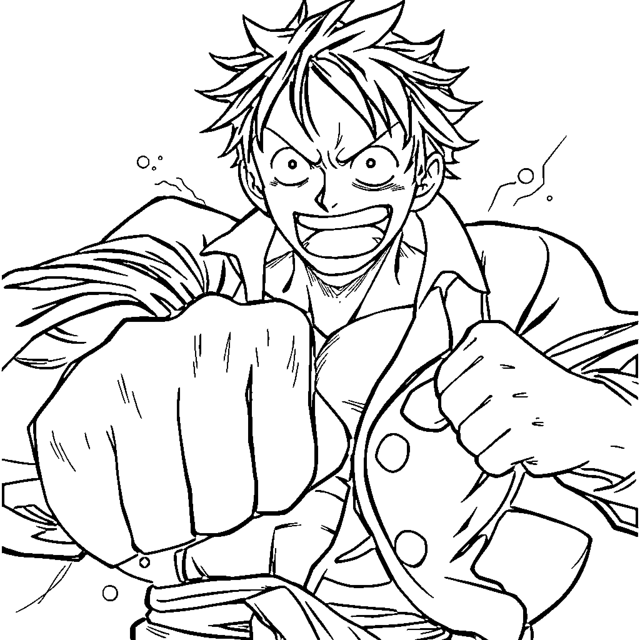 Monkey D Luffy's Energetic Expression and Determined Pose Coloring Page (free black-and-white line drawing printable PDF for all, from beginners to advanced learners, including children, teens, adults, and seniors)