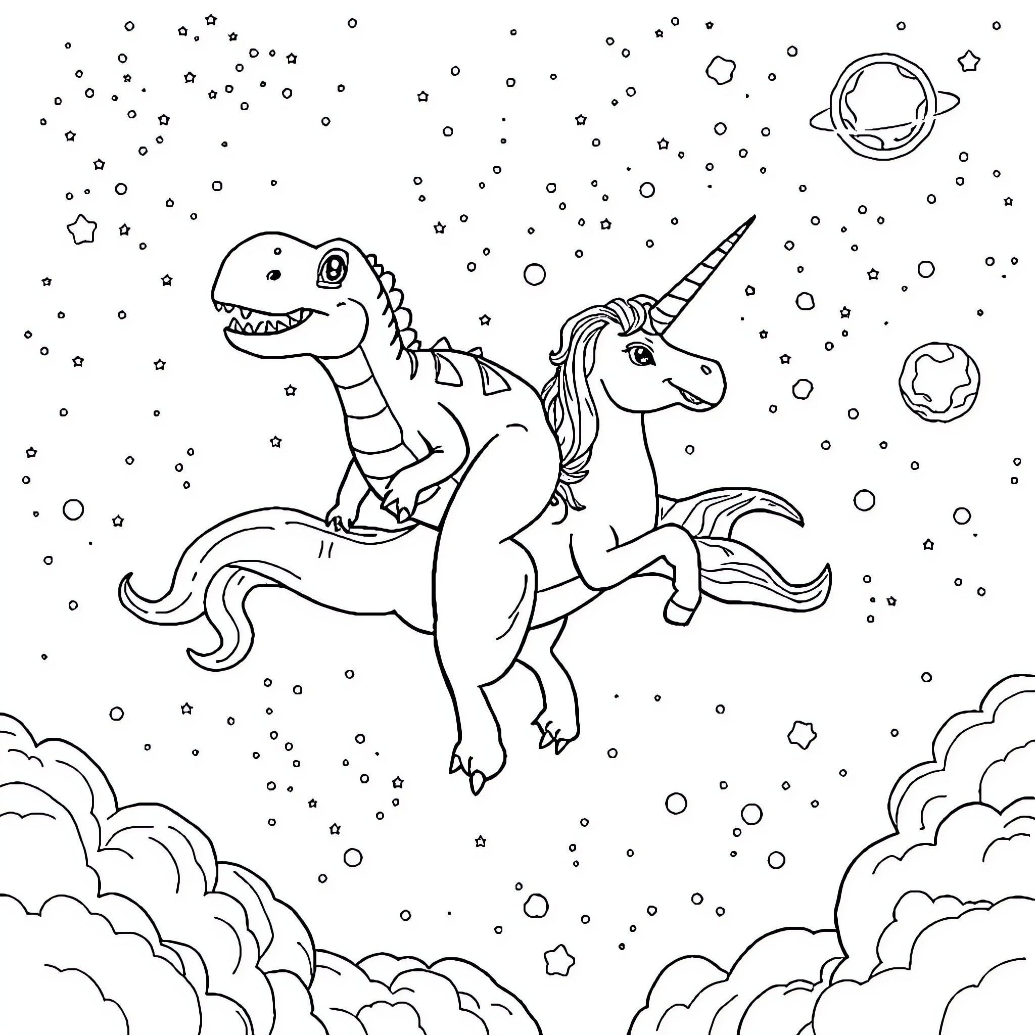 Dinosaur Riding Unicorn Through Starry Sky Coloring Page (free black-and-white line drawing printable PDF for all, from beginners to advanced learners, including children, teens, adults, and seniors)