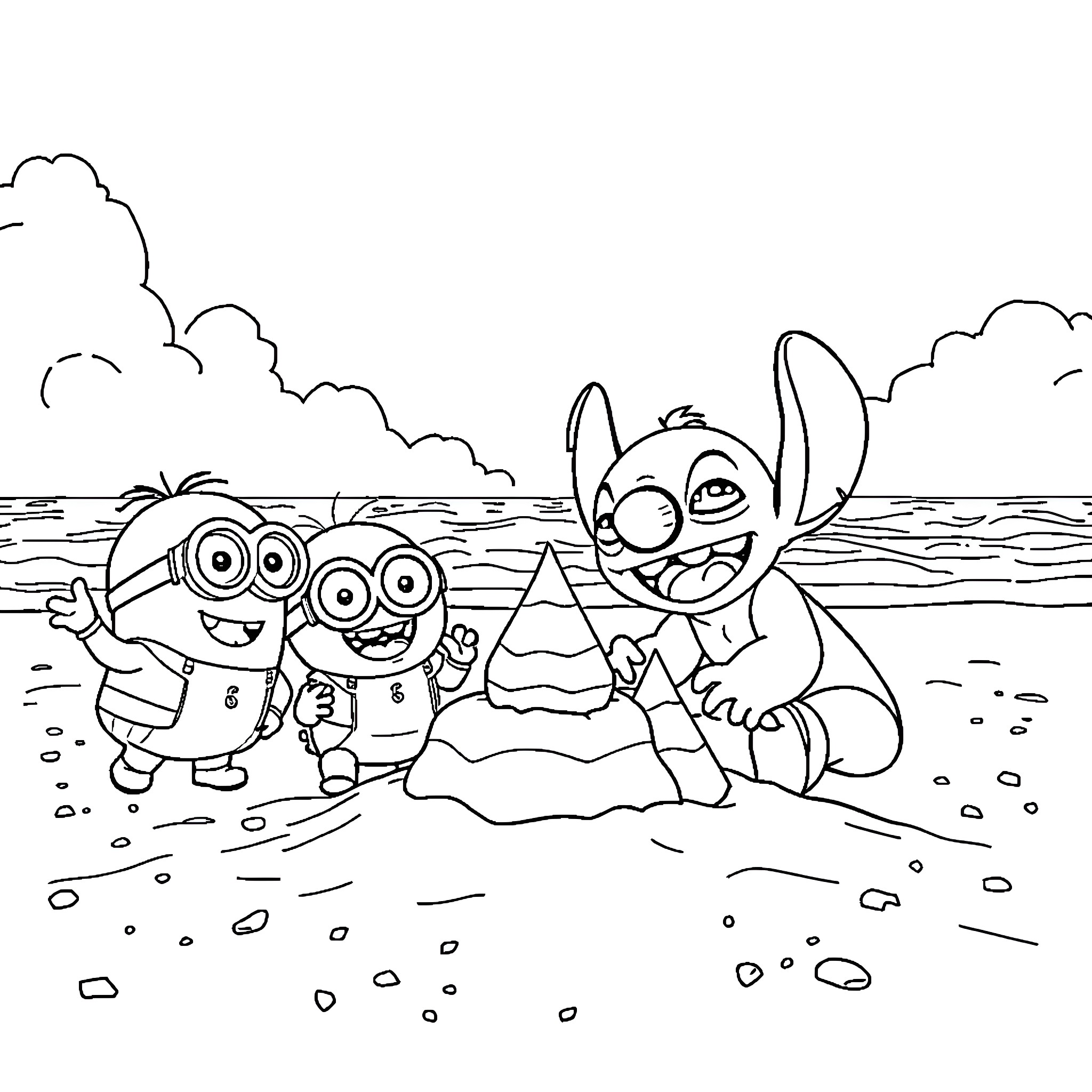 Minions playing with Stitch on the beach Coloring Page (free black-and-white line drawing printable PDF for all, from beginners to advanced learners, including children, teens, adults, and seniors)