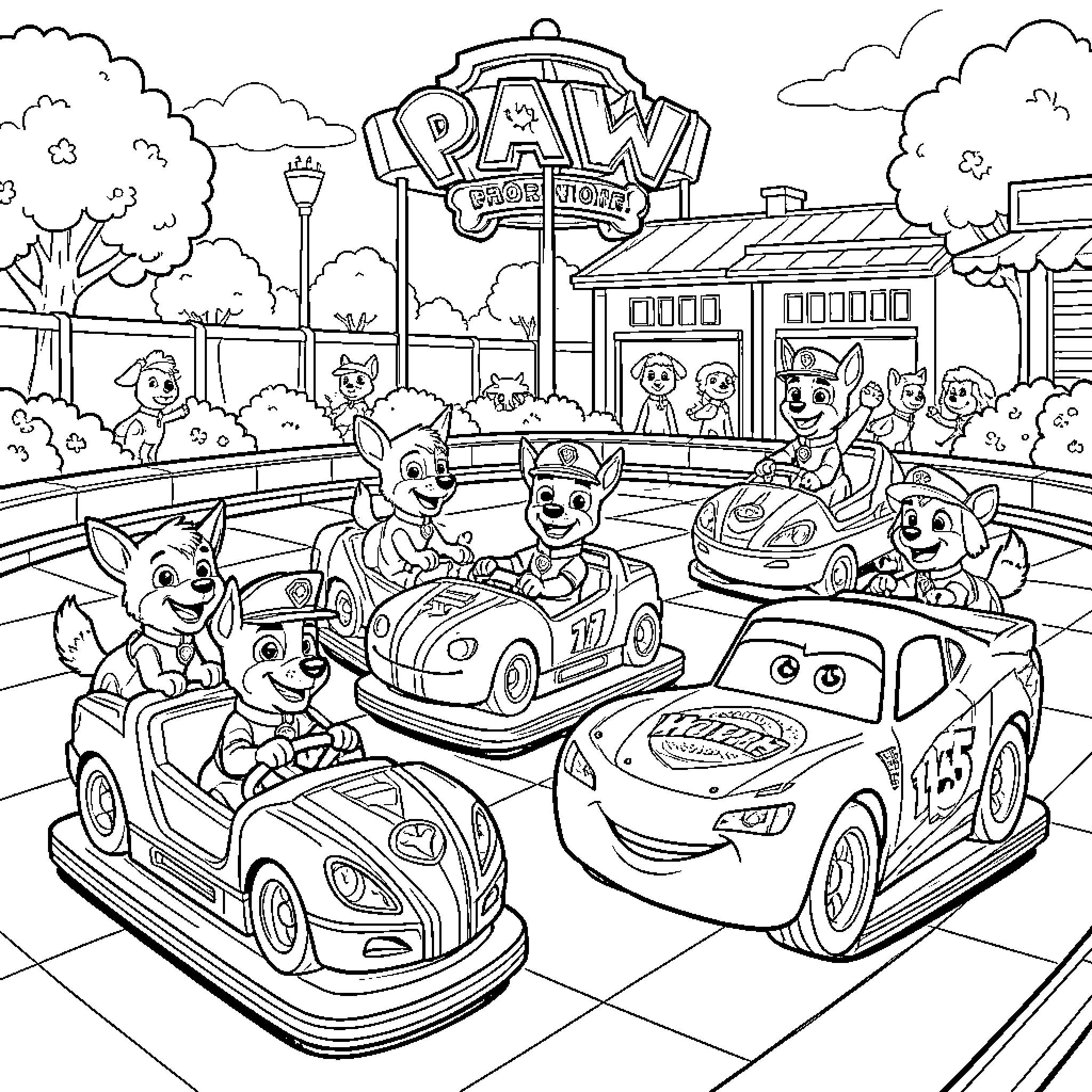 Paw Patrol characters enjoying a ride in bumper cars Coloring Page (free black-and-white line drawing printable PDF for all, from beginners to advanced learners, including children, teens, adults, and seniors)