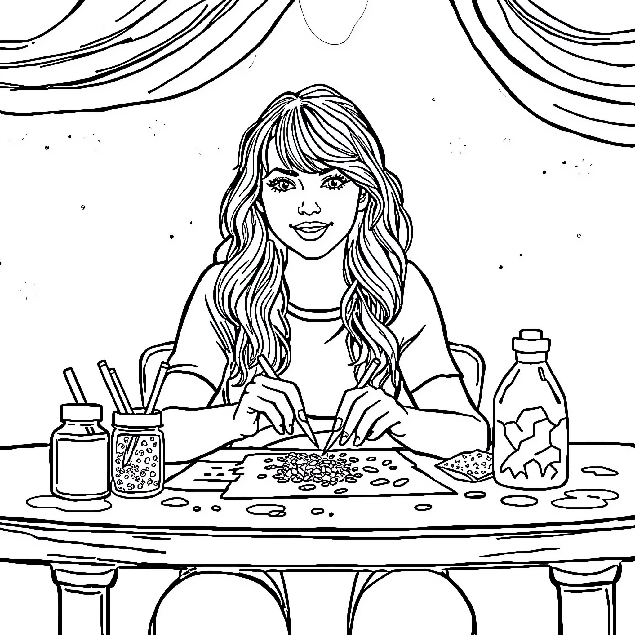 Taylor Swift creating art at her crafting table Coloring Page (free black-and-white line drawing printable PDF for all, from beginners to advanced learners, including children, teens, adults, and seniors)