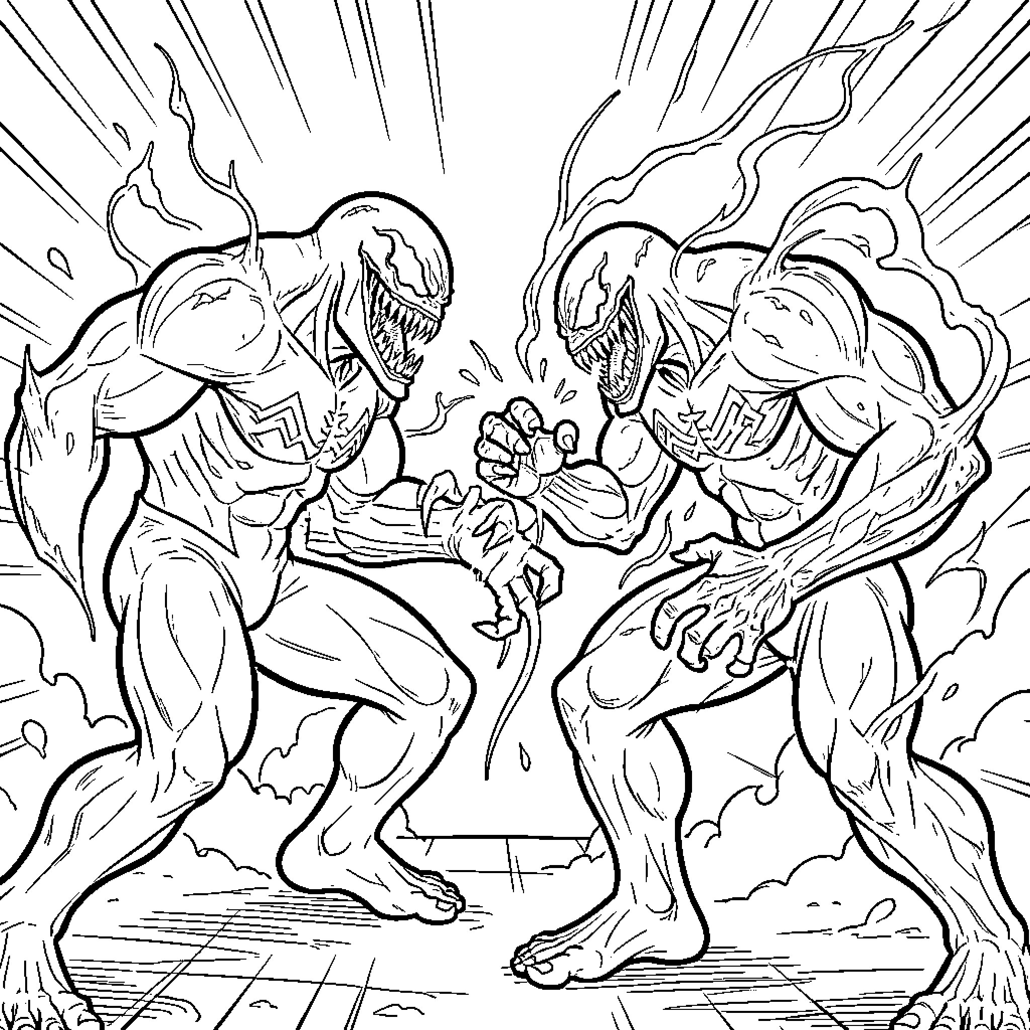 Venom characters engaging in an intense battle Coloring Page (free black-and-white line drawing printable PDF for all, from beginners to advanced learners, including children, teens, adults, and seniors)