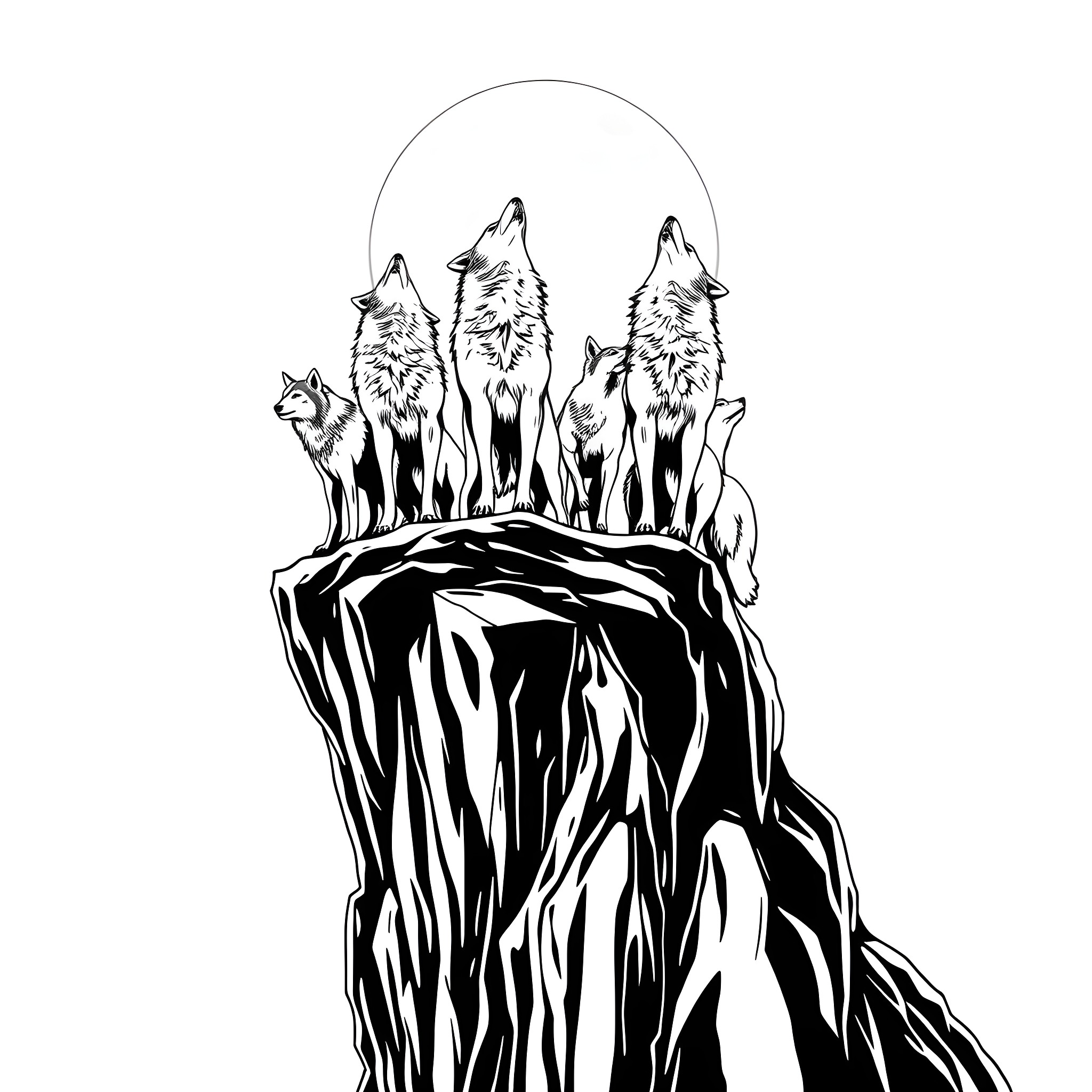 Wolf Pack Howling on Cliff Edge Coloring Page (free black-and-white line drawing printable PDF for all, from beginners to advanced learners, including children, teens, adults, and seniors)