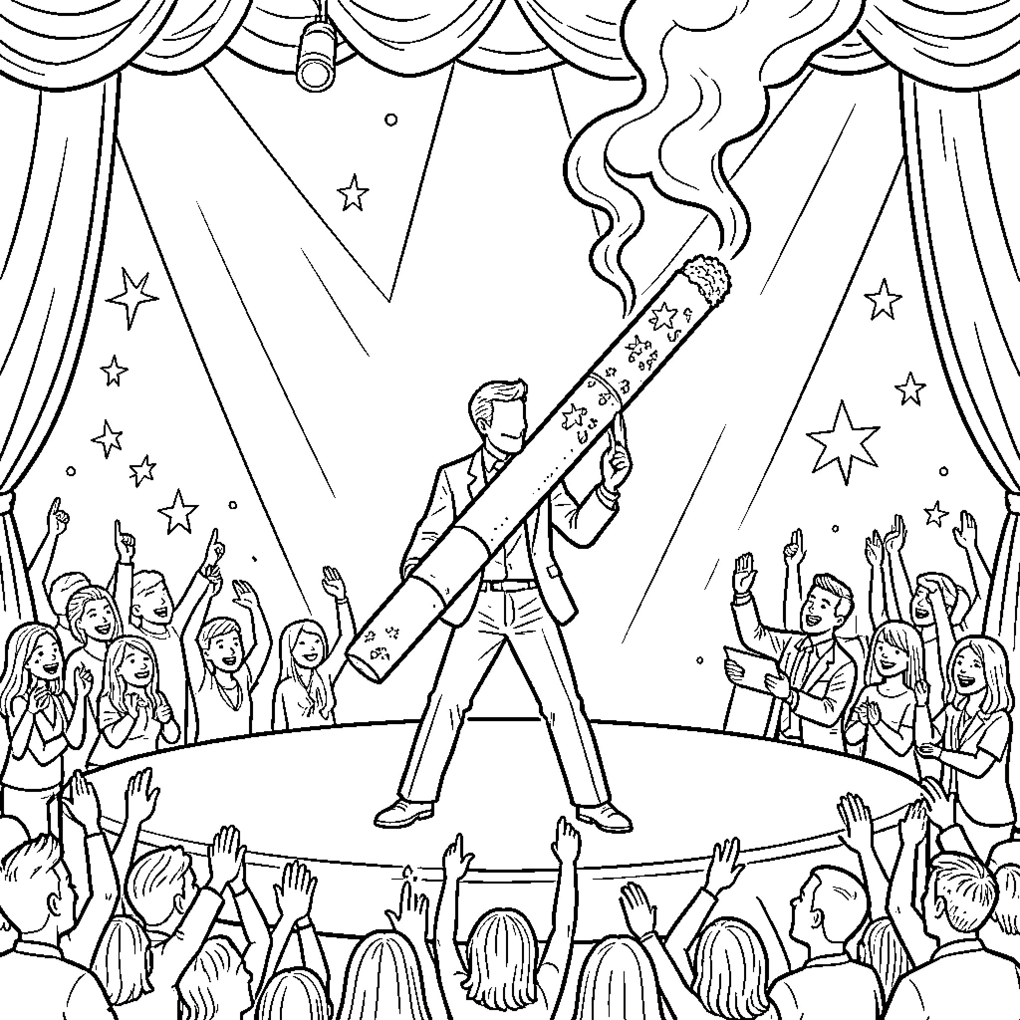 Cigarette performer entertaining the audience Coloring Page (free black-and-white line drawing printable PDF for all, from beginners to advanced learners, including children, teens, adults, and seniors)