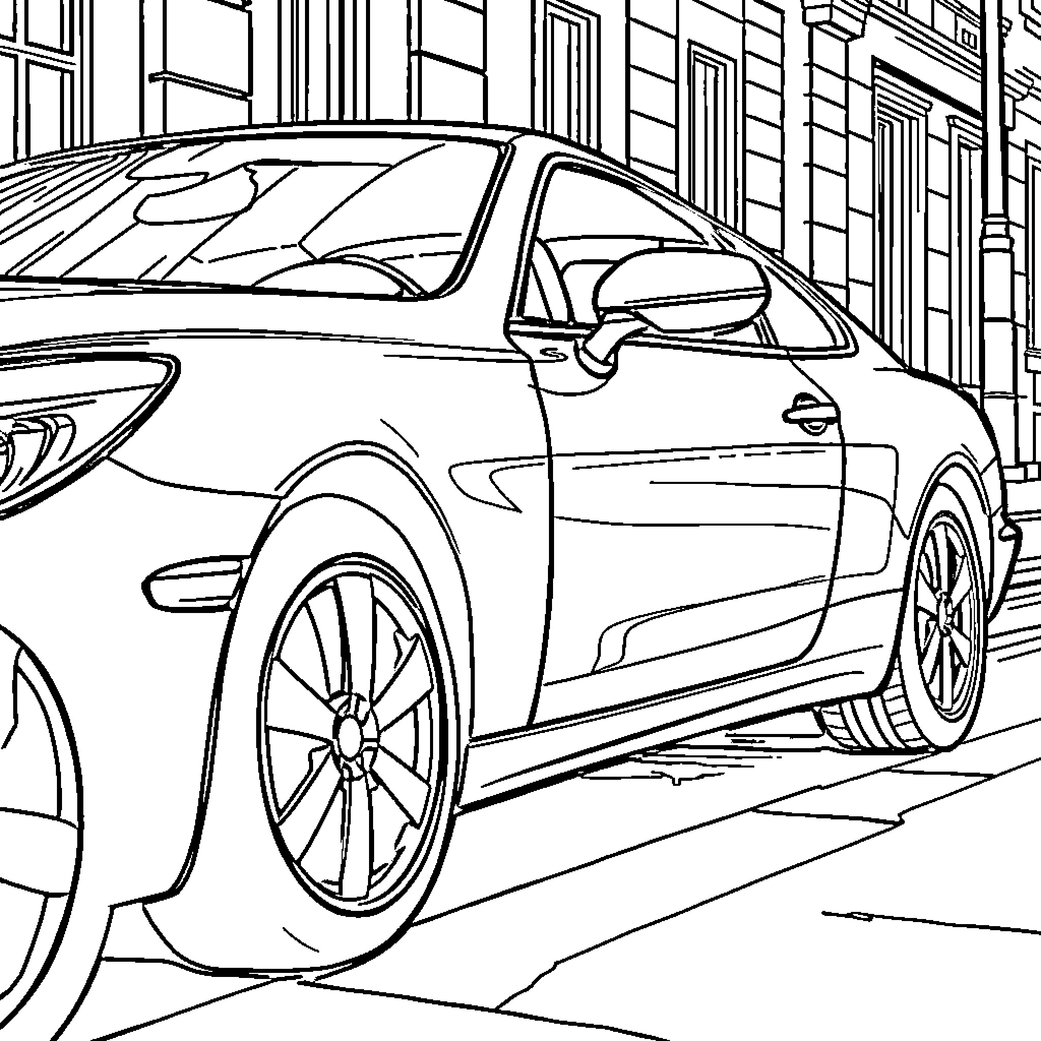 Car parked on city street Coloring Page (free black-and-white line drawing printable PDF for all, from beginners to advanced learners, including children, teens, adults, and seniors)