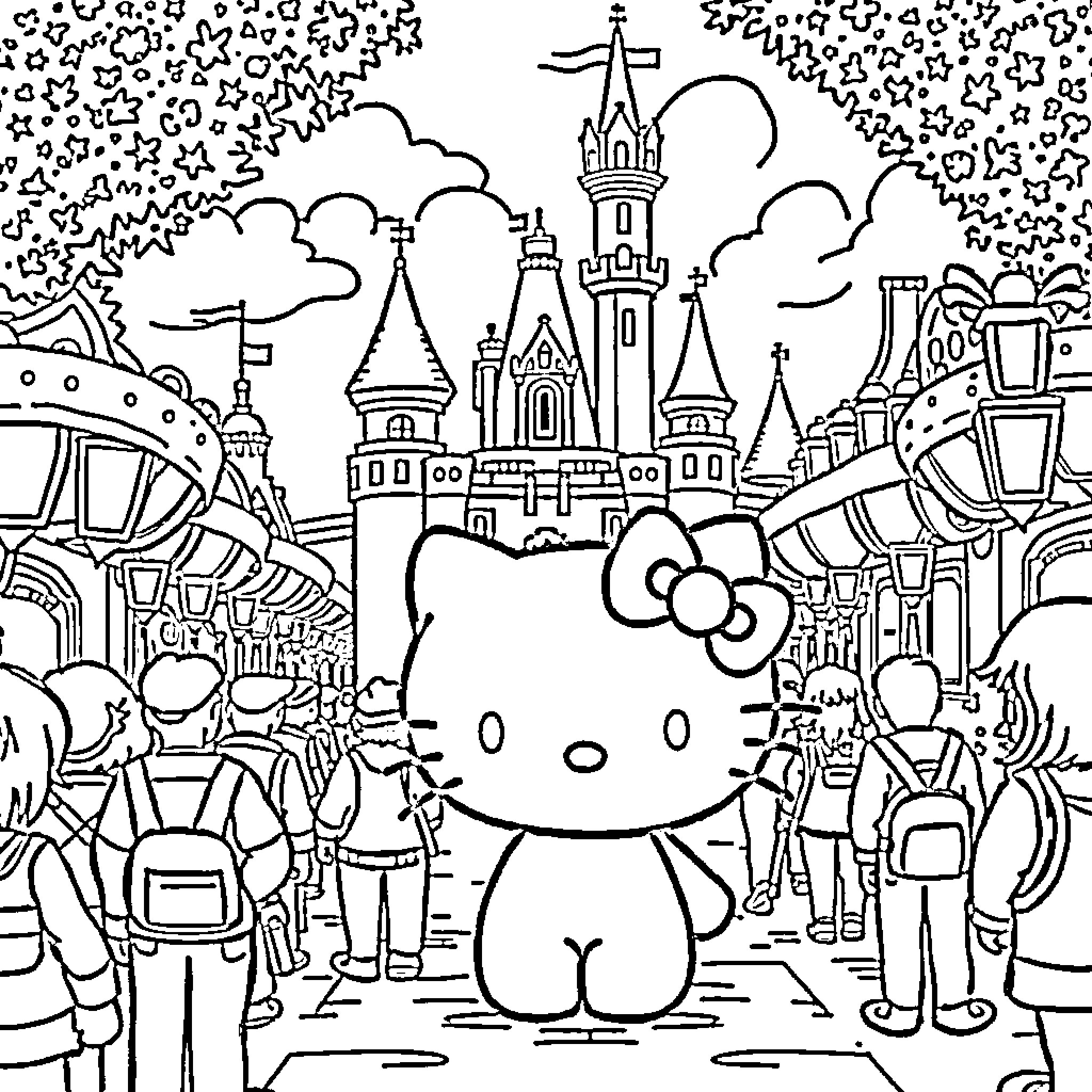 Hello Kitty visits the magical castle Coloring Page (free black-and-white line drawing printable PDF for all, from beginners to advanced learners, including children, teens, adults, and seniors)