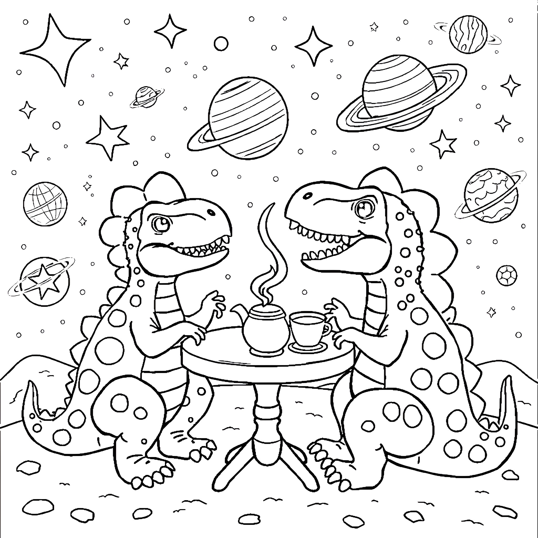 Dinosaurs enjoying a cosmic tea party Coloring Page (free black-and-white line drawing printable PDF for all, from beginners to advanced learners, including children, teens, adults, and seniors)