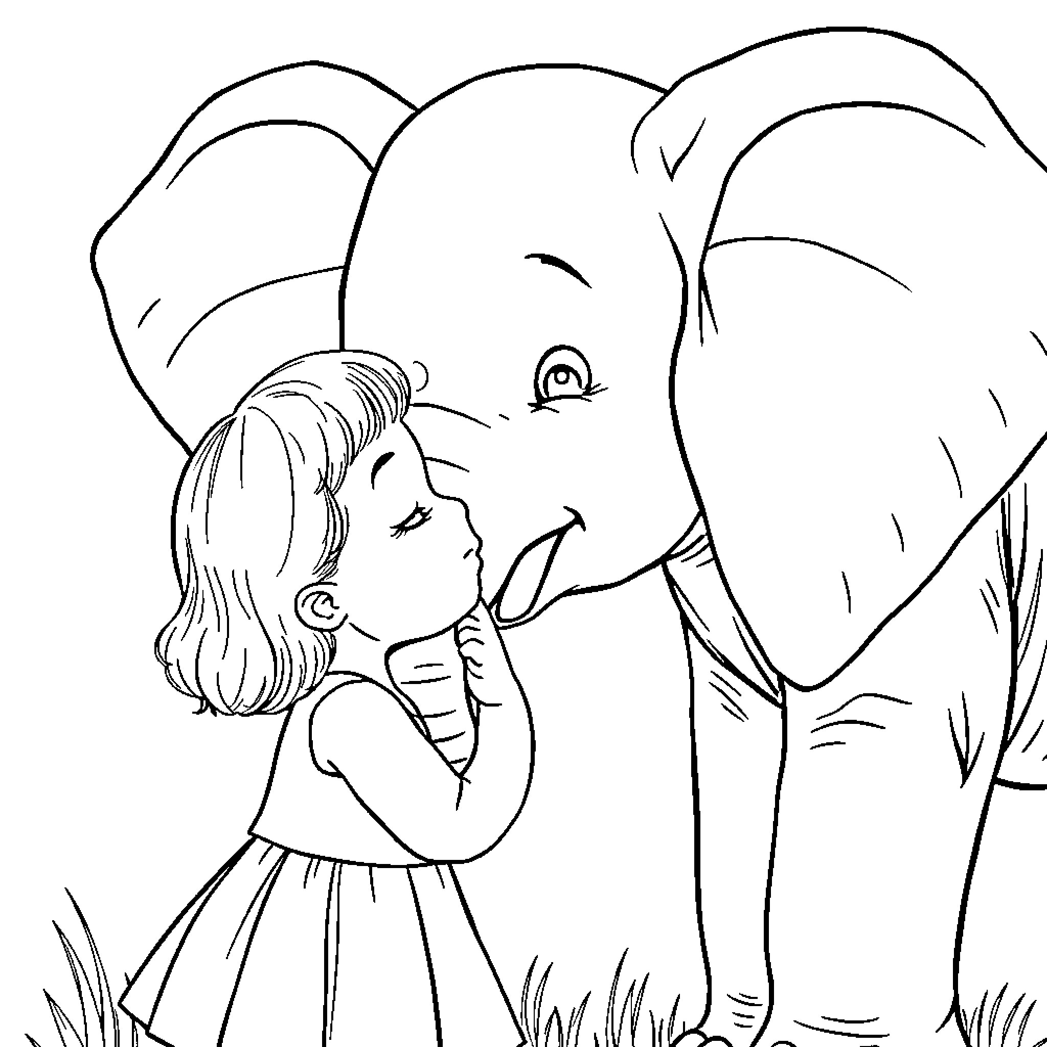 Girl embracing elephant in the wild Coloring Page (free black-and-white line drawing printable PDF for all, from beginners to advanced learners, including children, teens, adults, and seniors)
