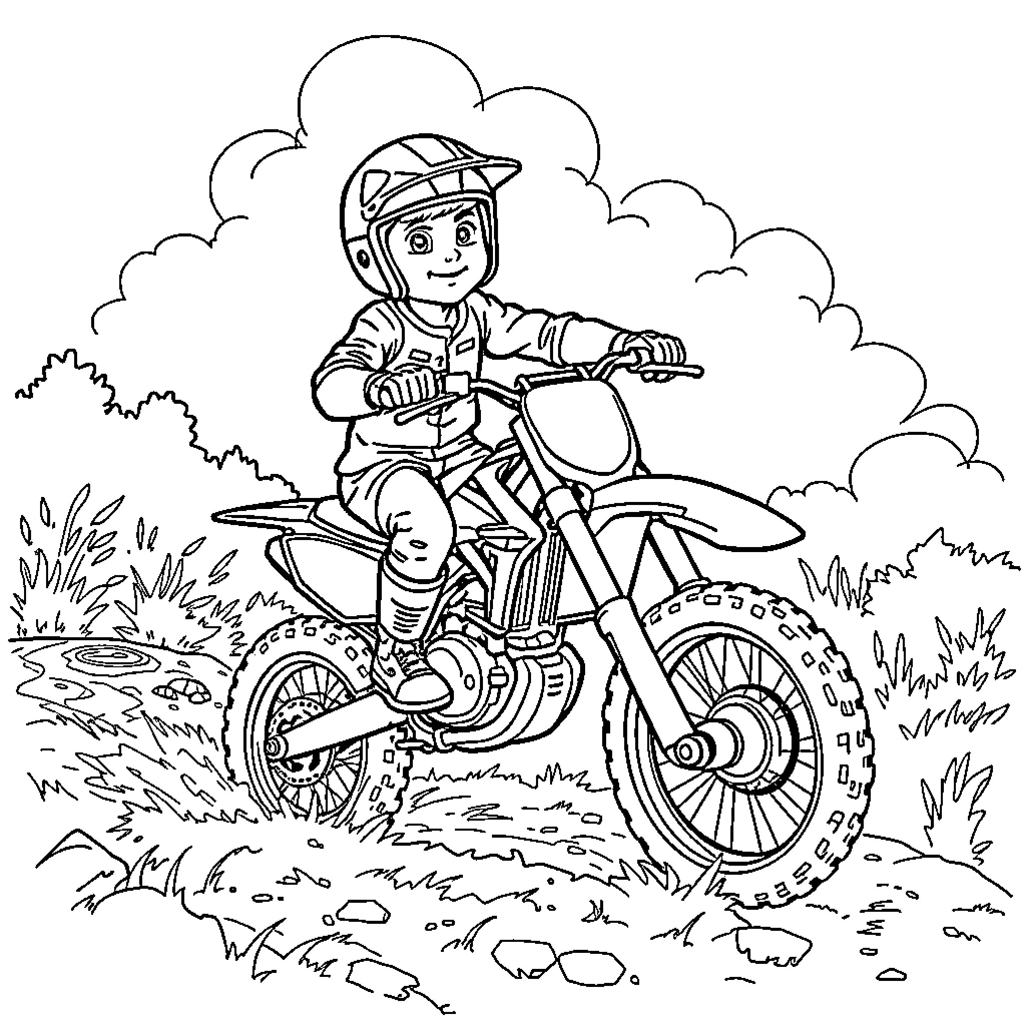 Boy riding a dirt bike through the countryside Coloring Page (free black-and-white line drawing printable PDF for all, from beginners to advanced learners, including children, teens, adults, and seniors)