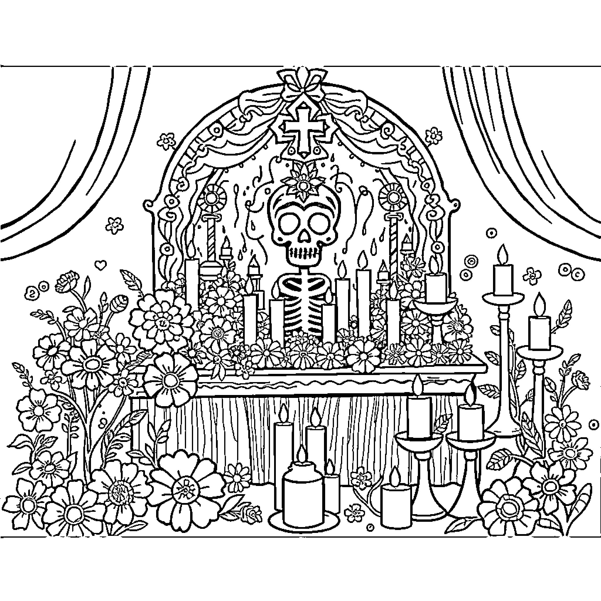 Day of the Dead Altar with Skulls and Flowers Coloring Page (free black-and-white line drawing printable PDF for all, from beginners to advanced learners, including children, teens, adults, and seniors)