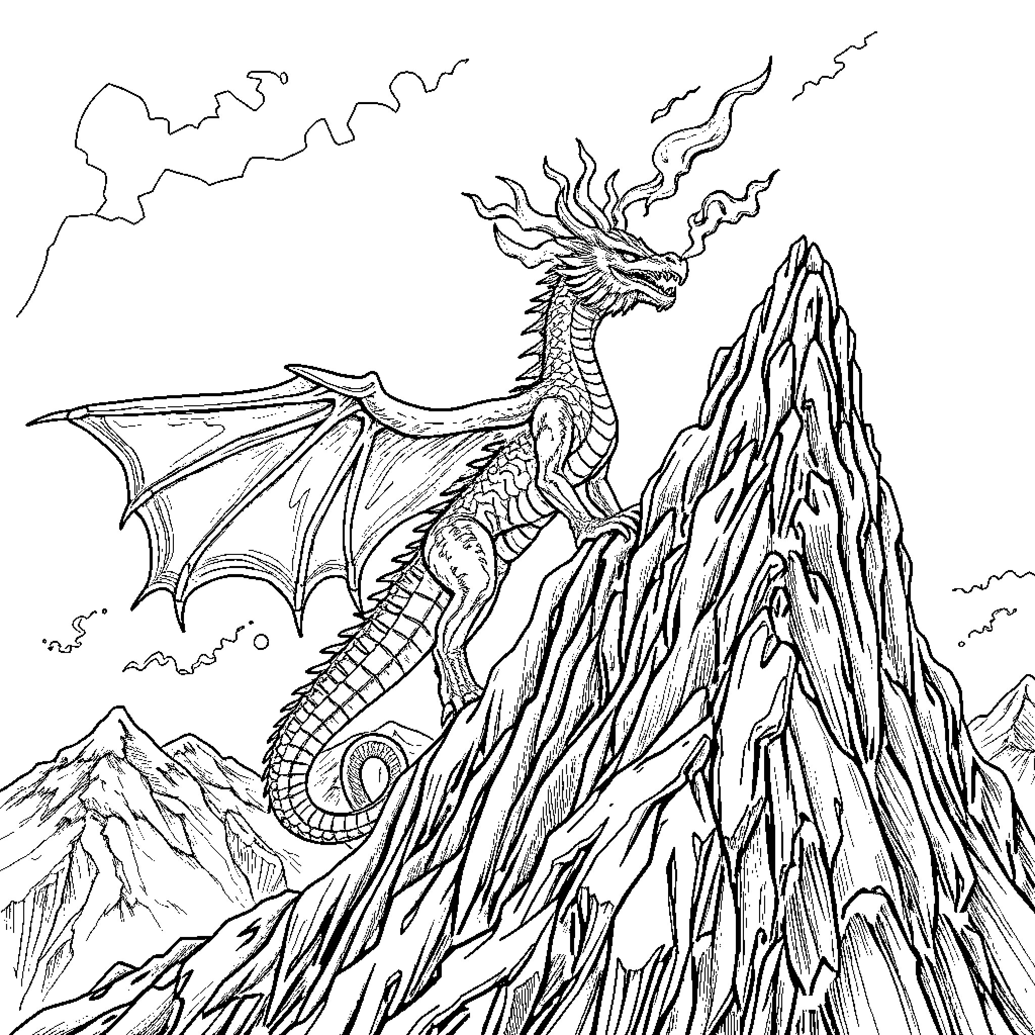 Dragon soaring over a majestic mountain landscape Coloring Page (free black-and-white line drawing printable PDF for all, from beginners to advanced learners, including children, teens, adults, and seniors)