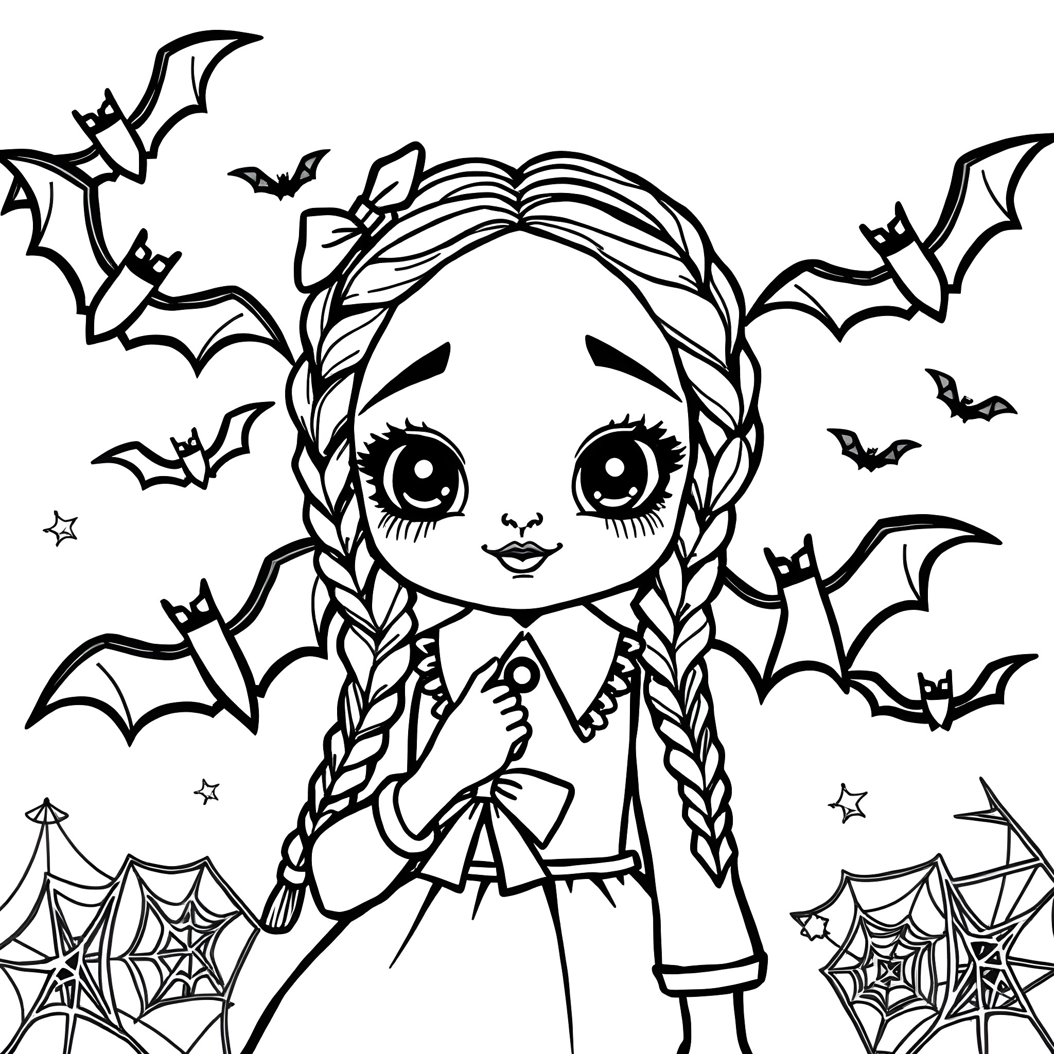 Wednesday girl with bats and spiderwebs Coloring Page (free black-and-white line drawing printable PDF for all, from beginners to advanced learners, including children, teens, adults, and seniors)