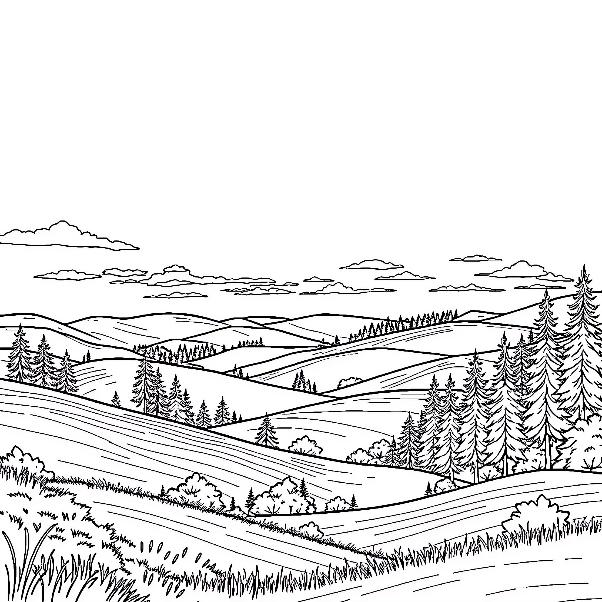 Scenery of a rural countryside landscape Coloring Page (free black-and-white line drawing printable PDF for all, from beginners to advanced learners, including children, teens, adults, and seniors)