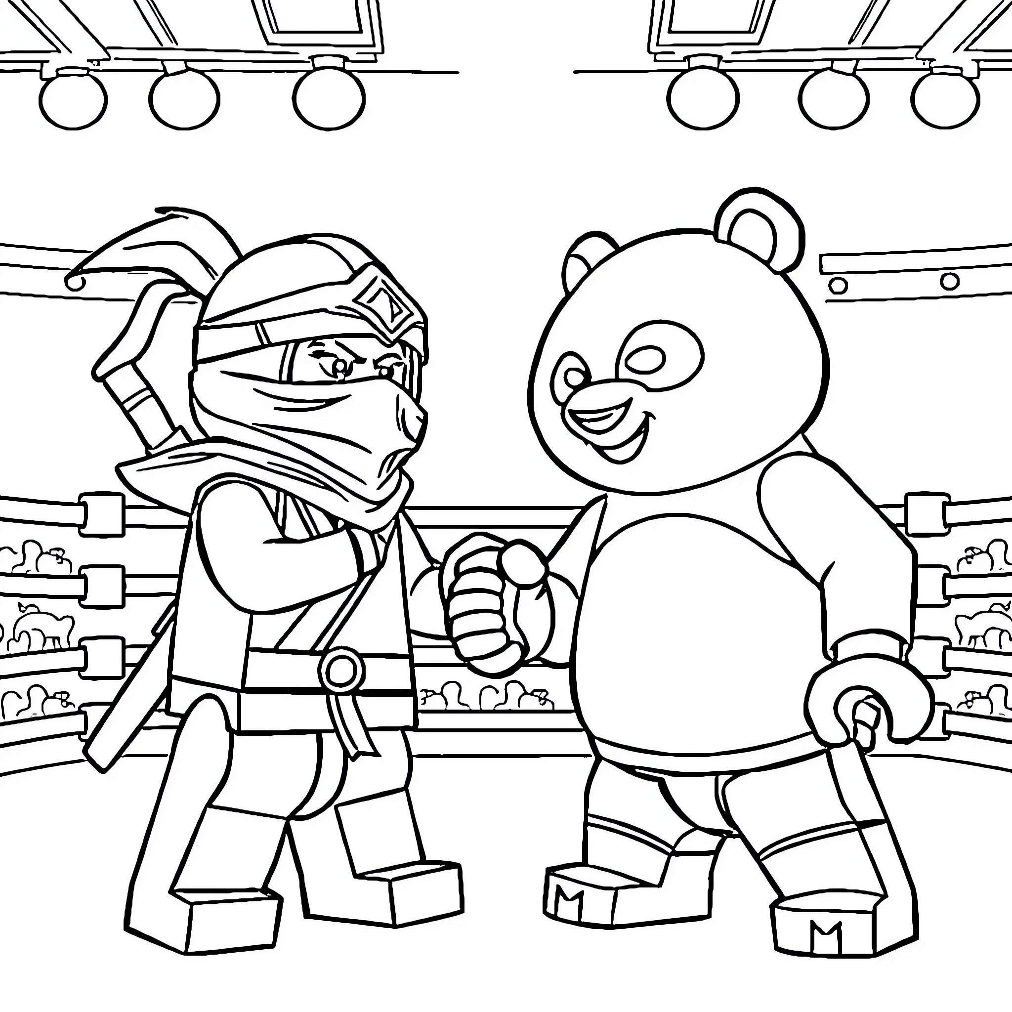 Ninjago characters in an animated scene Coloring Page (free black-and-white line drawing printable PDF for all, from beginners to advanced learners, including children, teens, adults, and seniors)